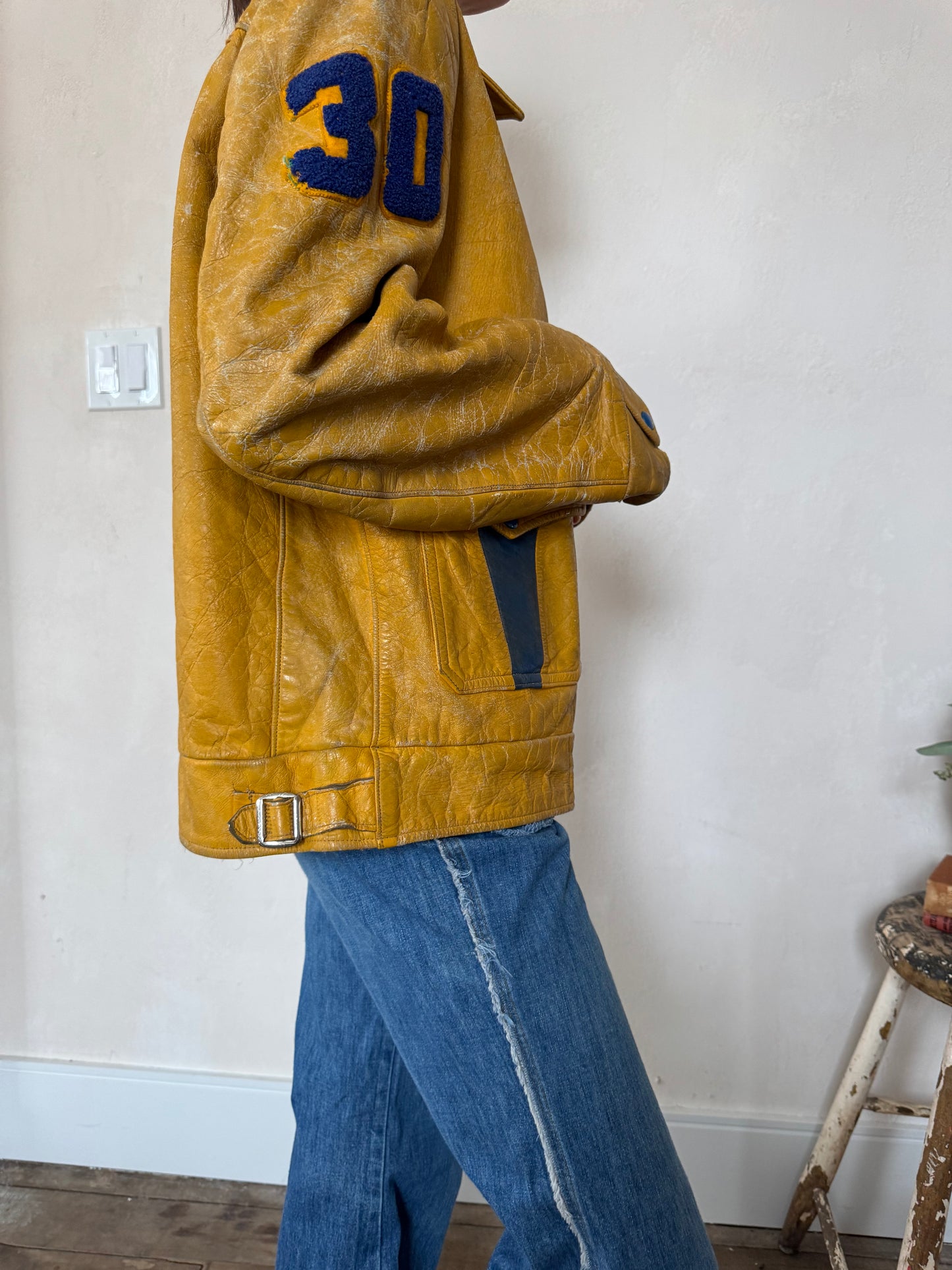 Mustard Yellow Leather Varsity Jacket