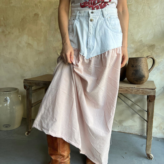 Light-wash Denim Cowgirl Skirt with Pinstripe Skirt