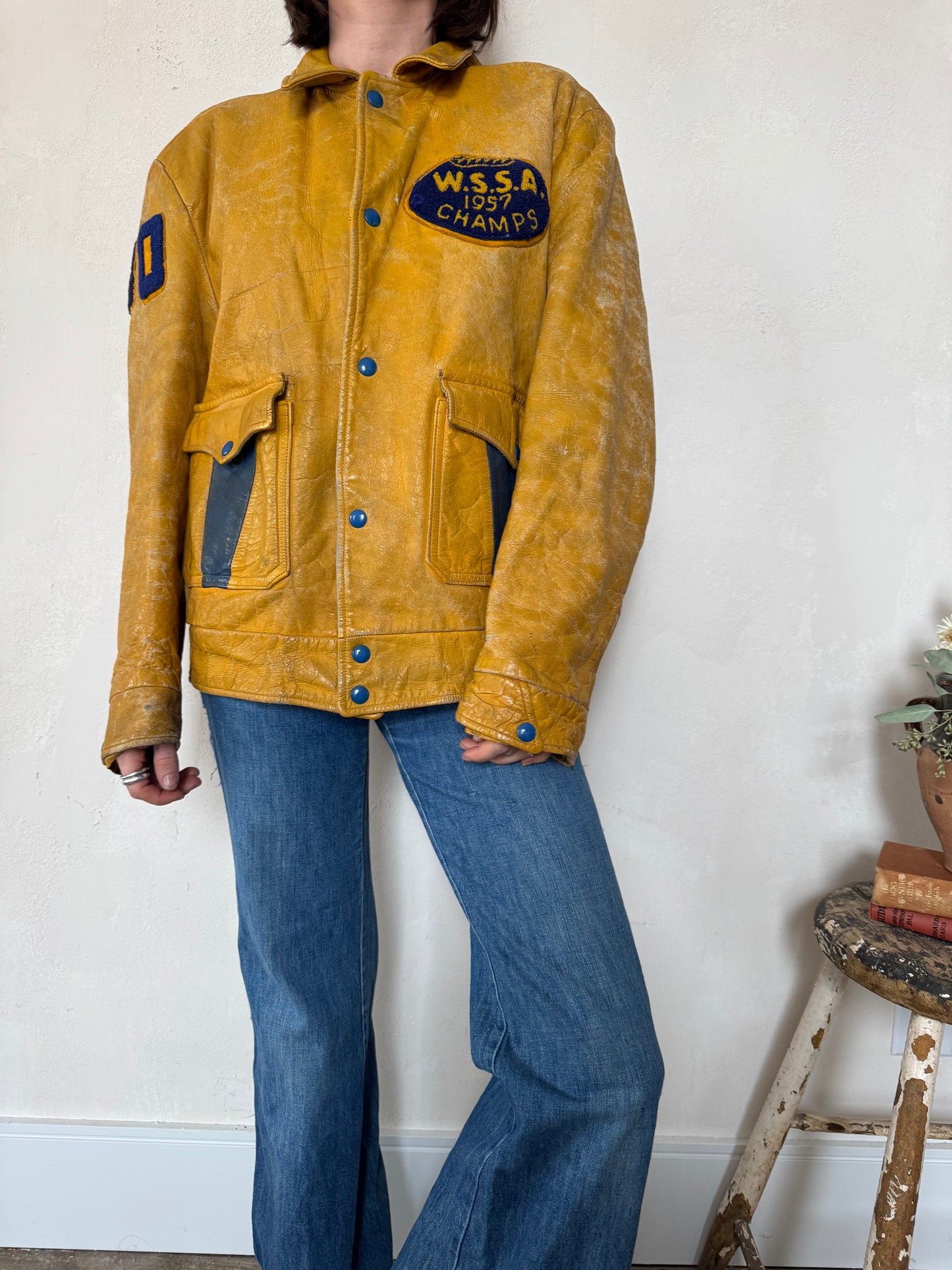 Mustard Yellow Leather Varsity Jacket