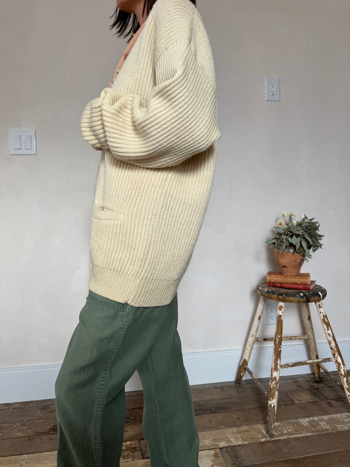 Ribbed Cream Wool Cardigan