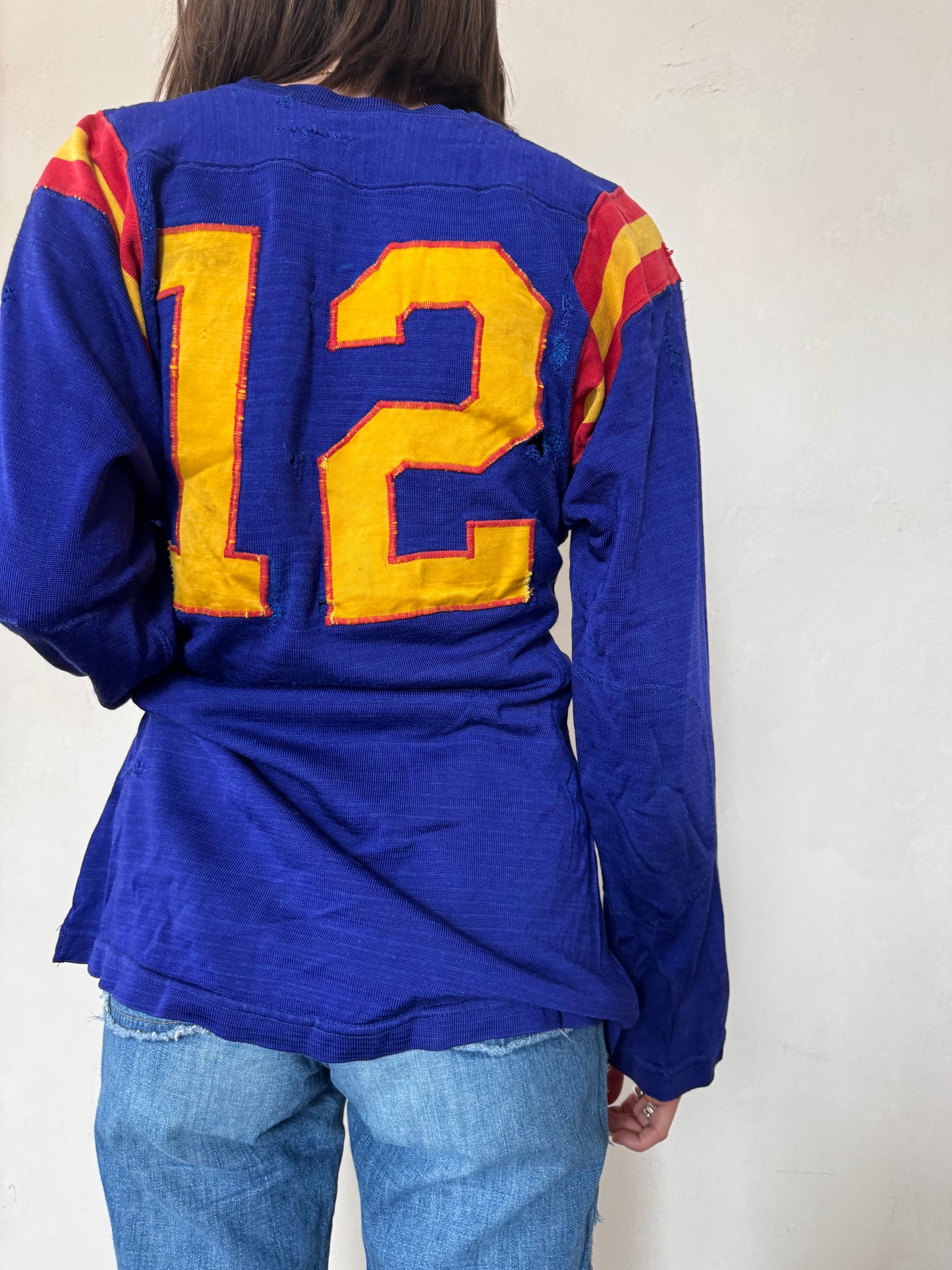 Royal Blue Distressed and Mended Varsity Jersey Shirt