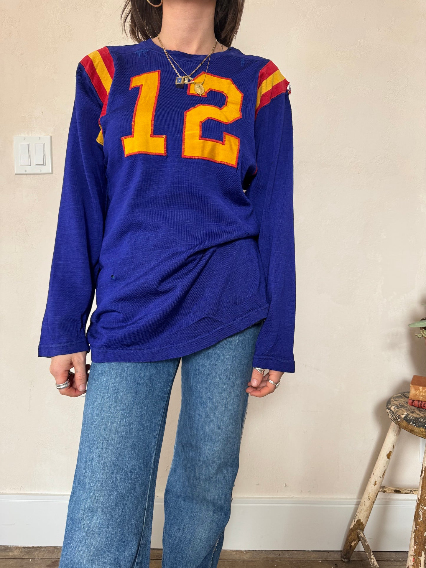 Royal Blue Distressed and Mended Varsity Jersey Shirt