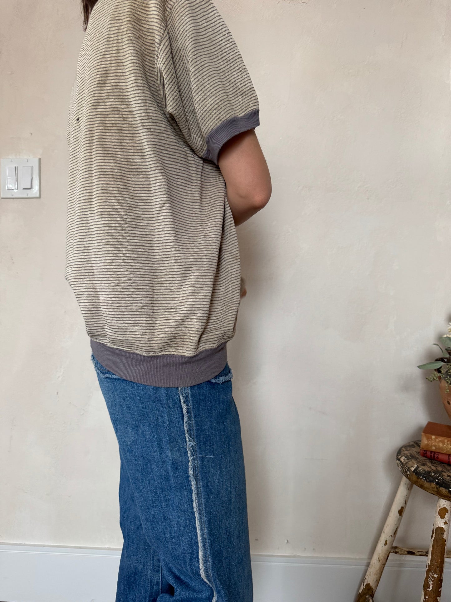 Pinstripe Cream and Grey Short-sleeve Crewneck