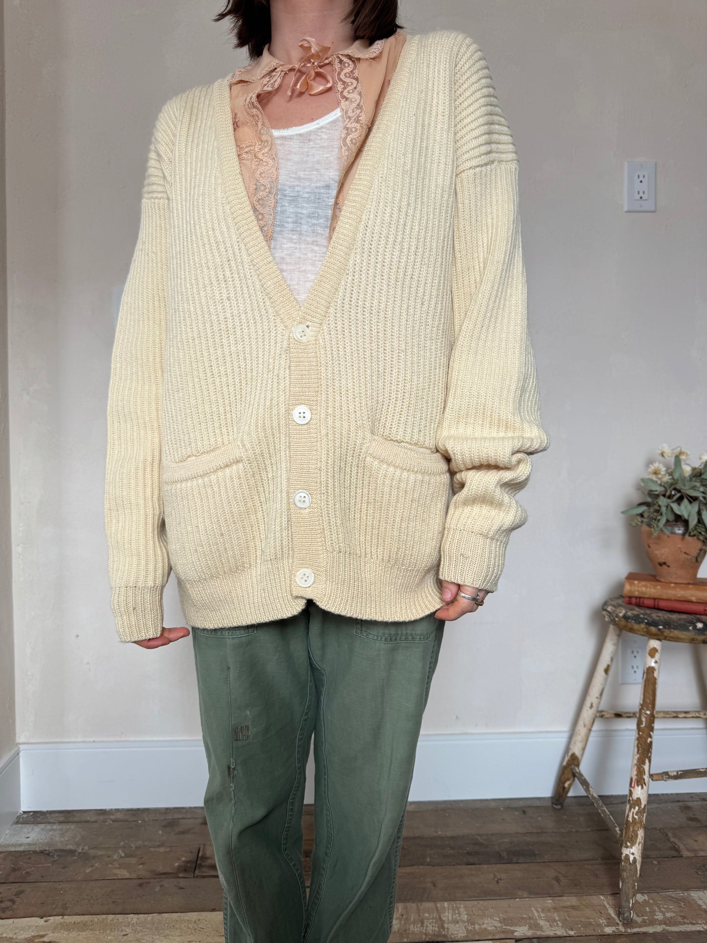 Ribbed Cream Wool Cardigan