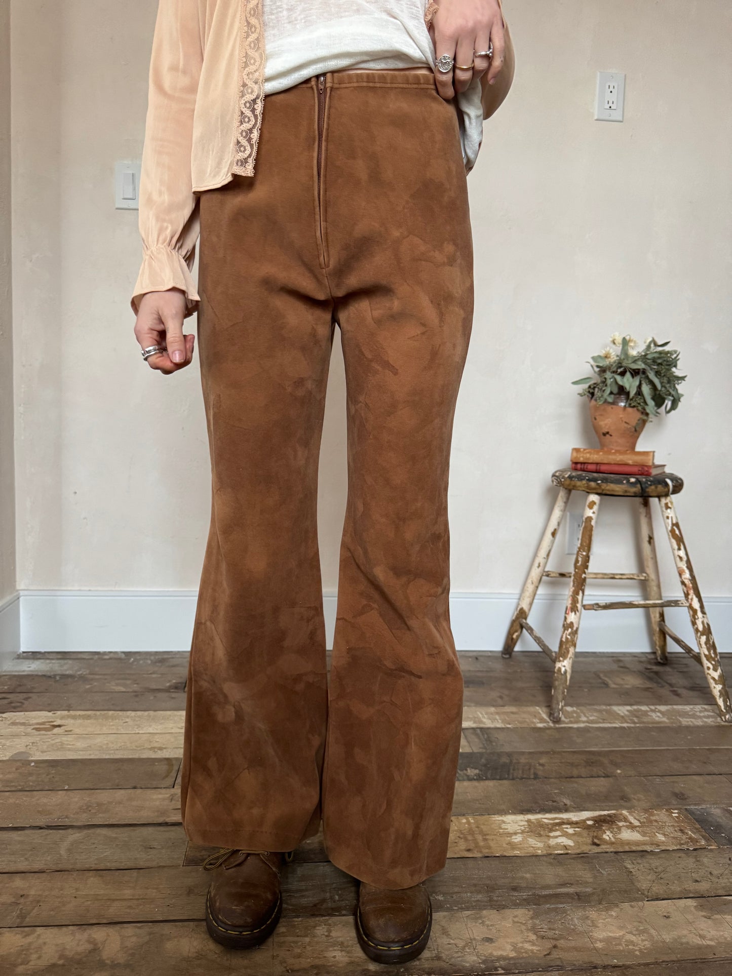 Brown Faux Suede Flare Pants