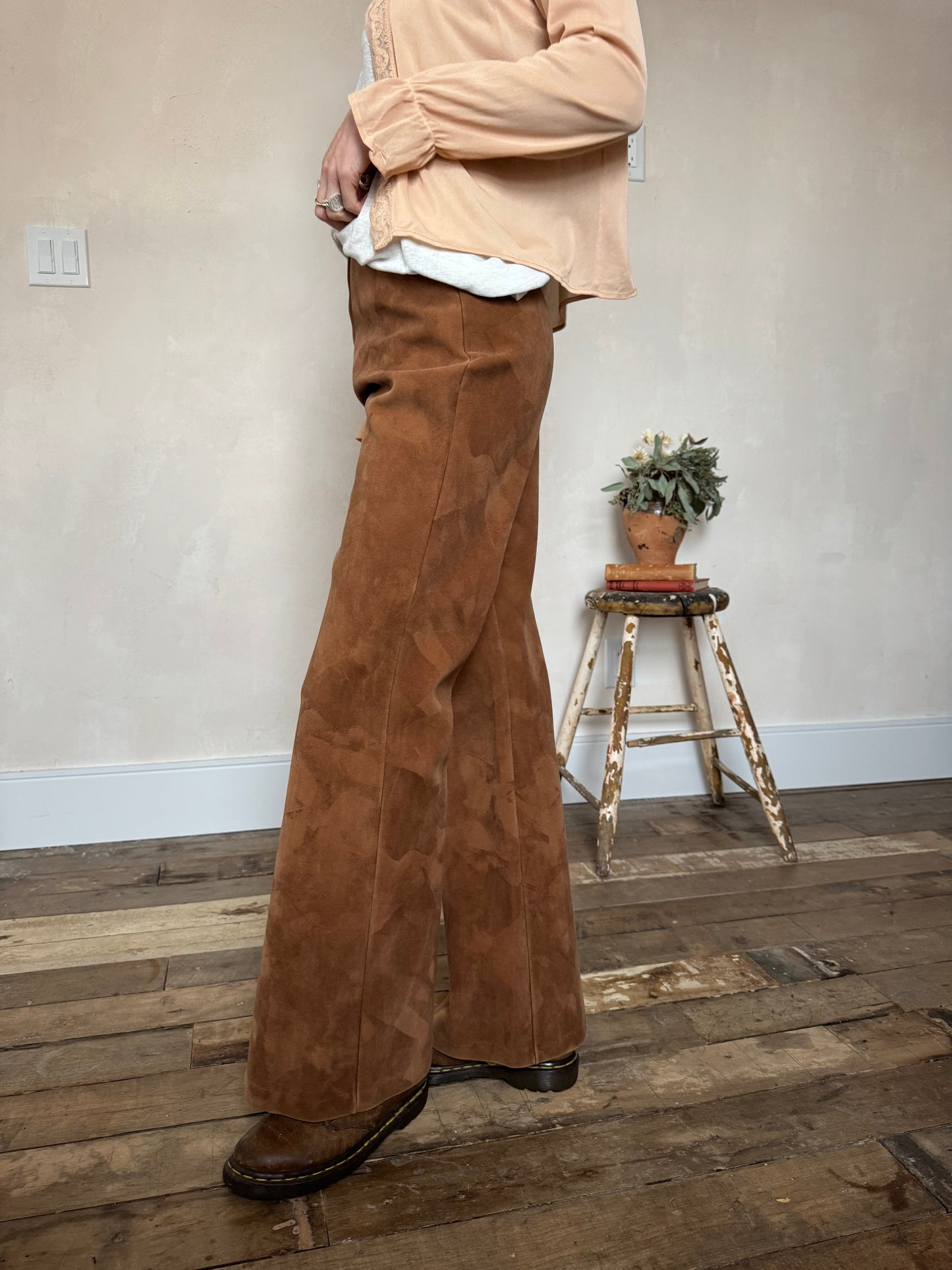 Brown Faux Suede Flare Pants