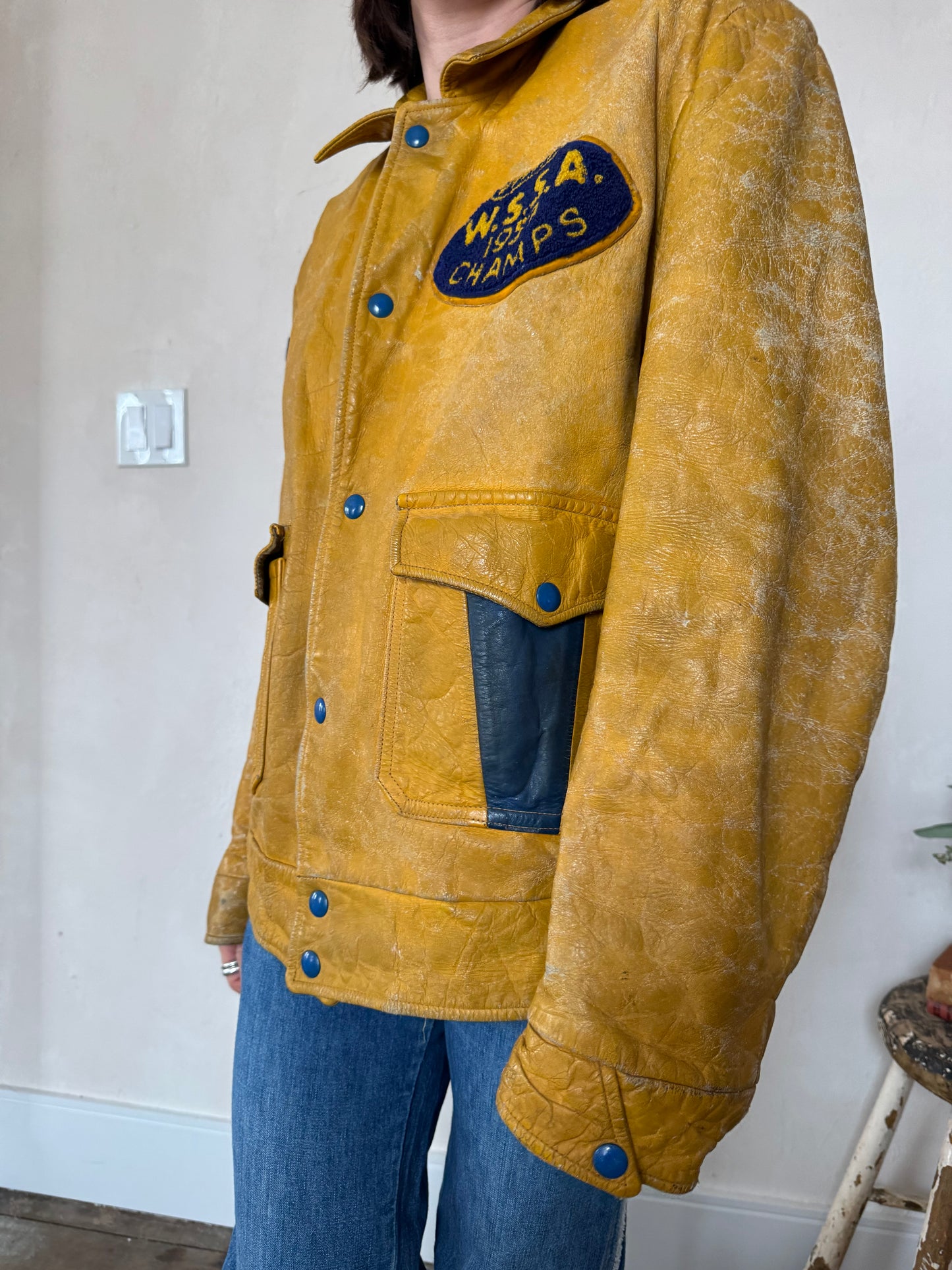 Mustard Yellow Leather Varsity Jacket