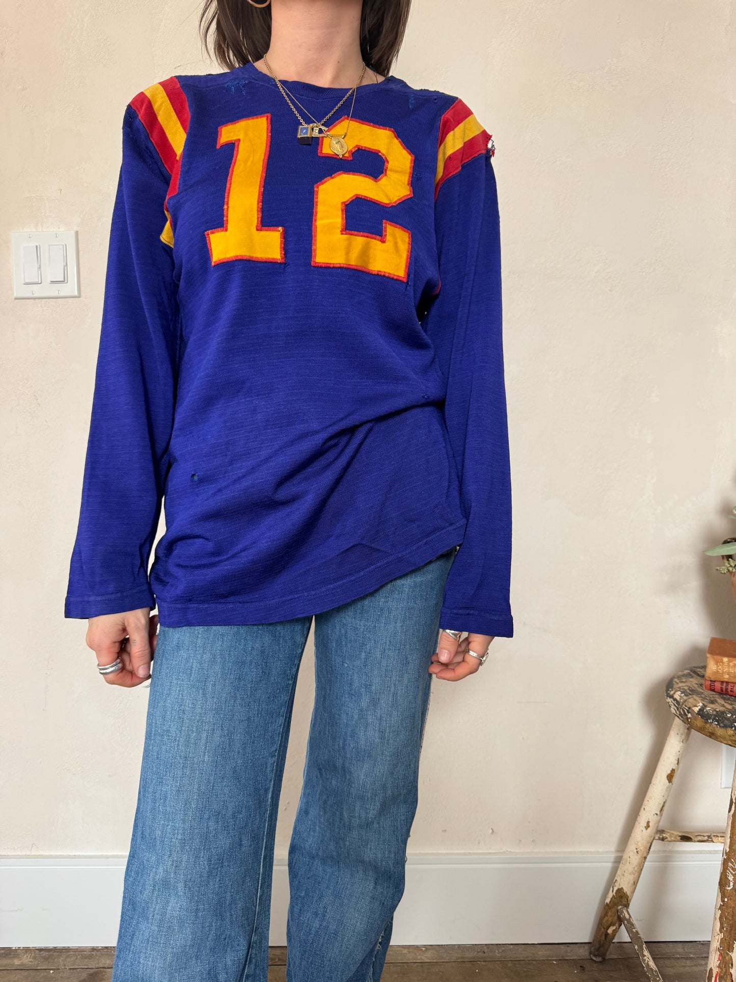 Royal Blue Distressed and Mended Varsity Jersey Shirt