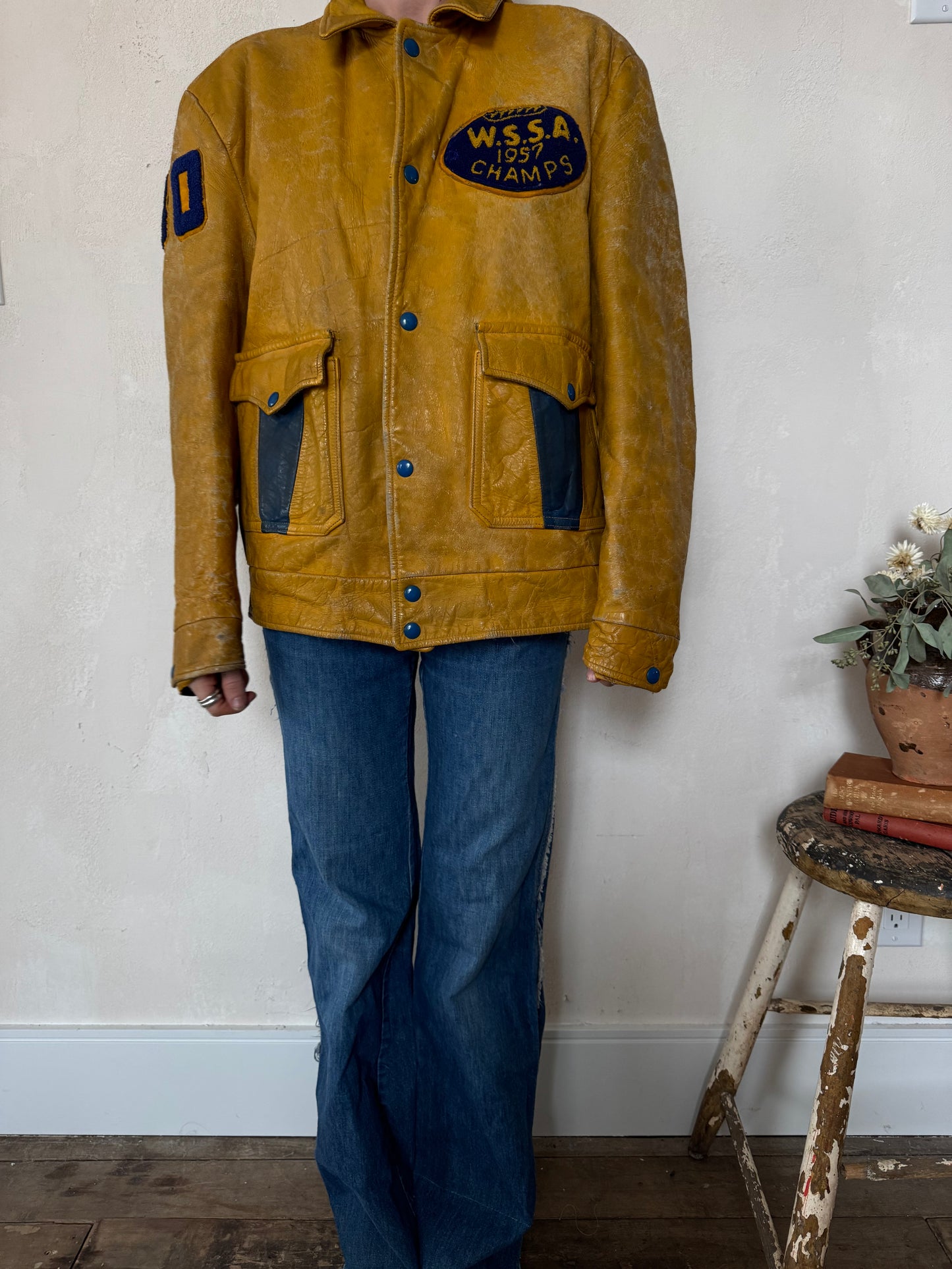 Mustard Yellow Leather Varsity Jacket