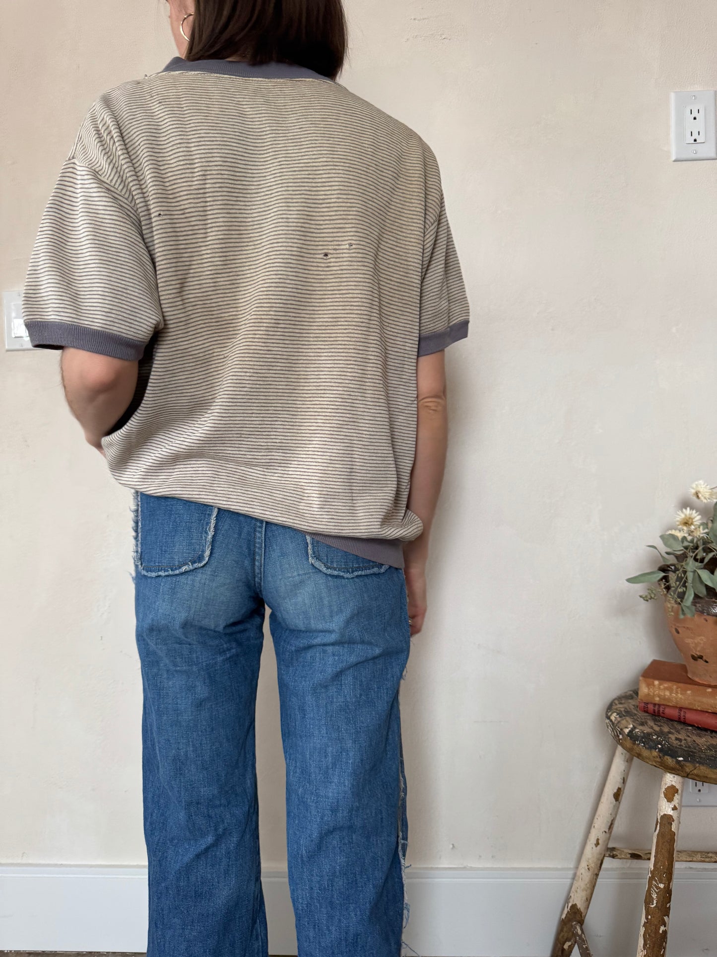 Pinstripe Cream and Grey Short-sleeve Crewneck