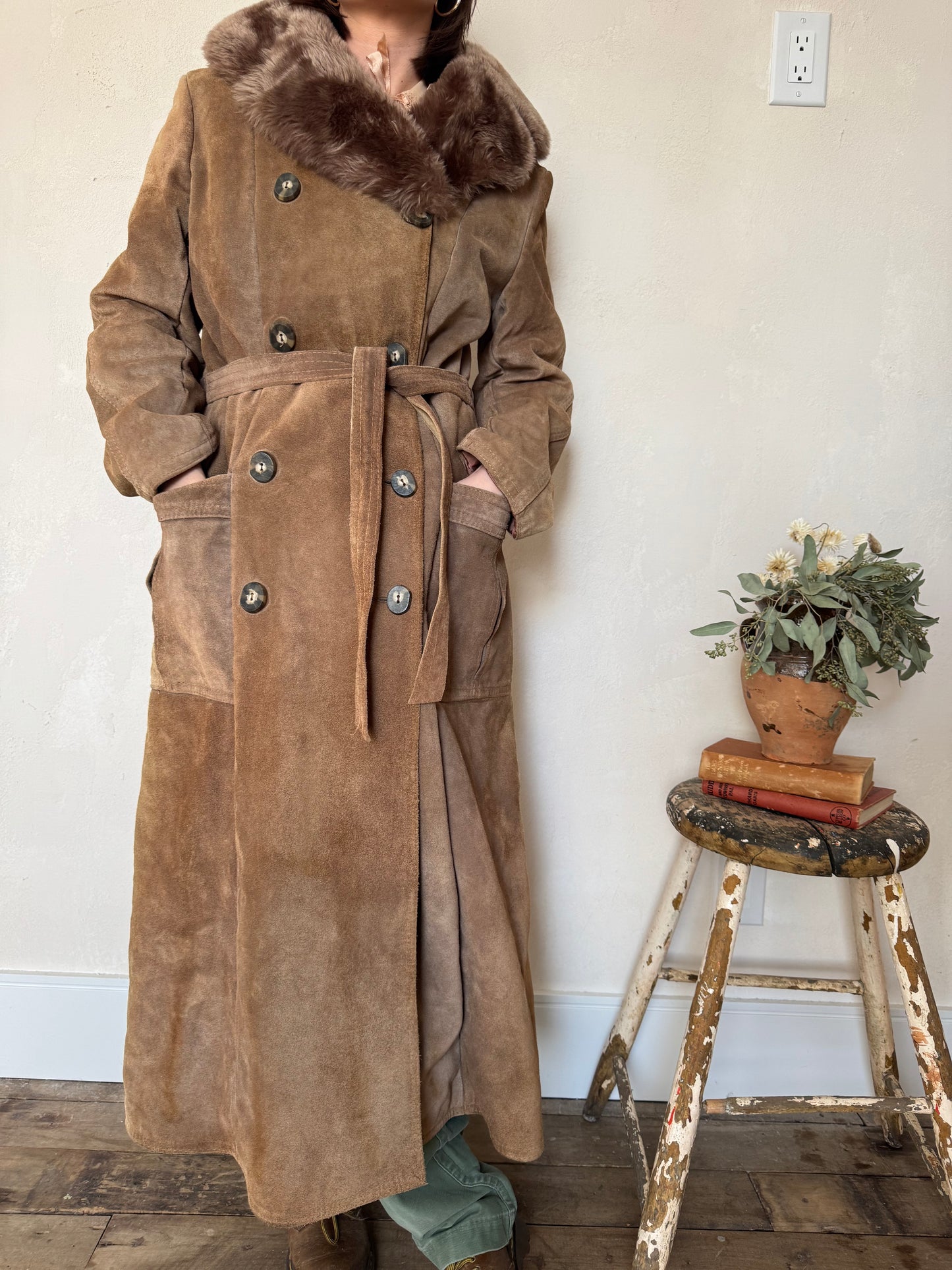 Brown Shearling Suede Trench