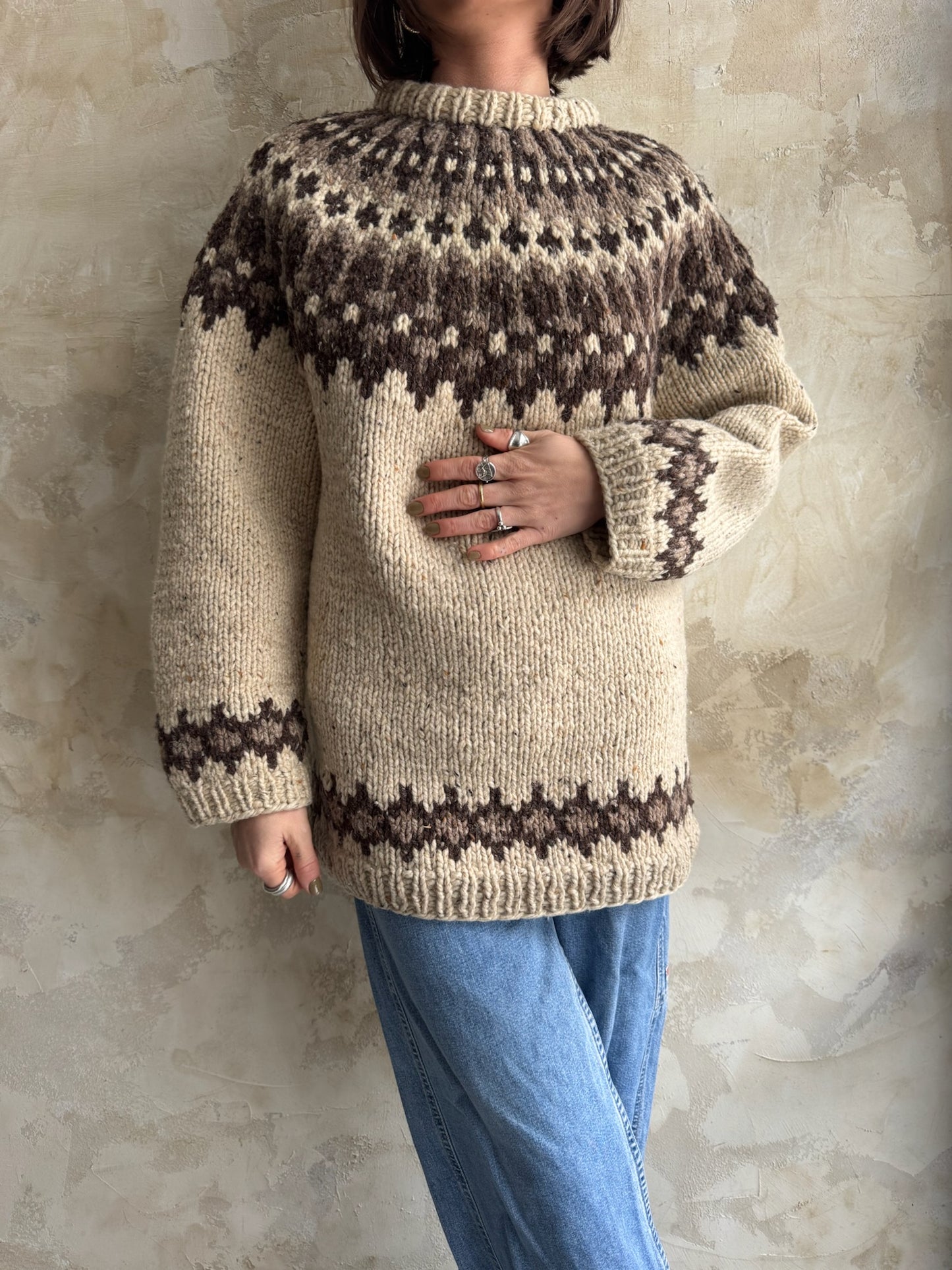 Icelandic Oatmeal + Brown Knit Sweater