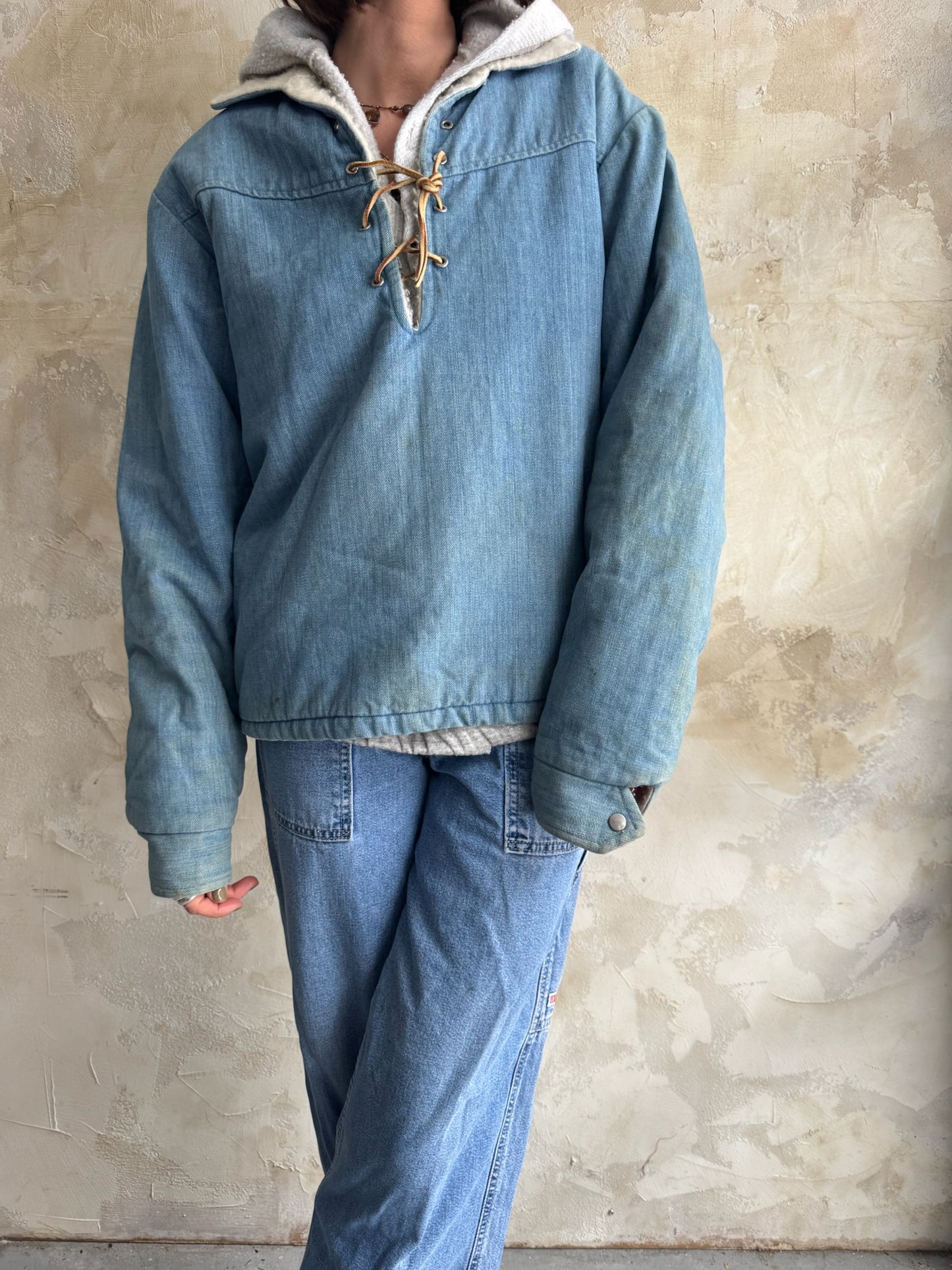 Denim Pullover with Suede Lace Up