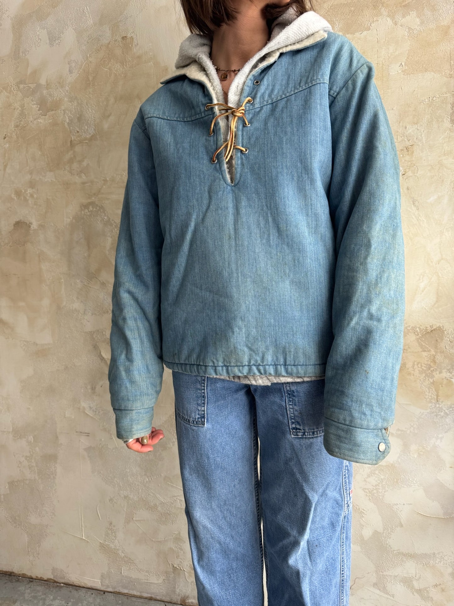 Denim Pullover with Suede Lace Up