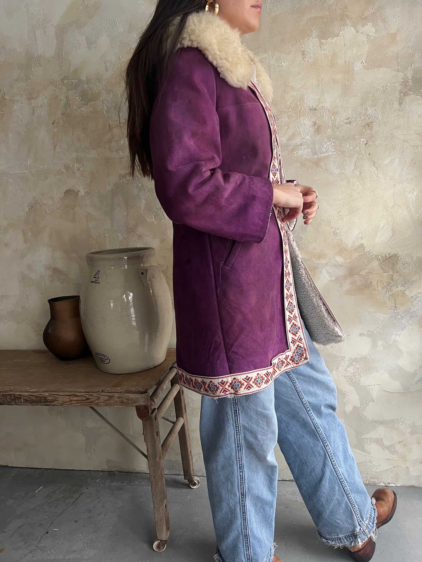 Purple Shearling Embroidered Jacket