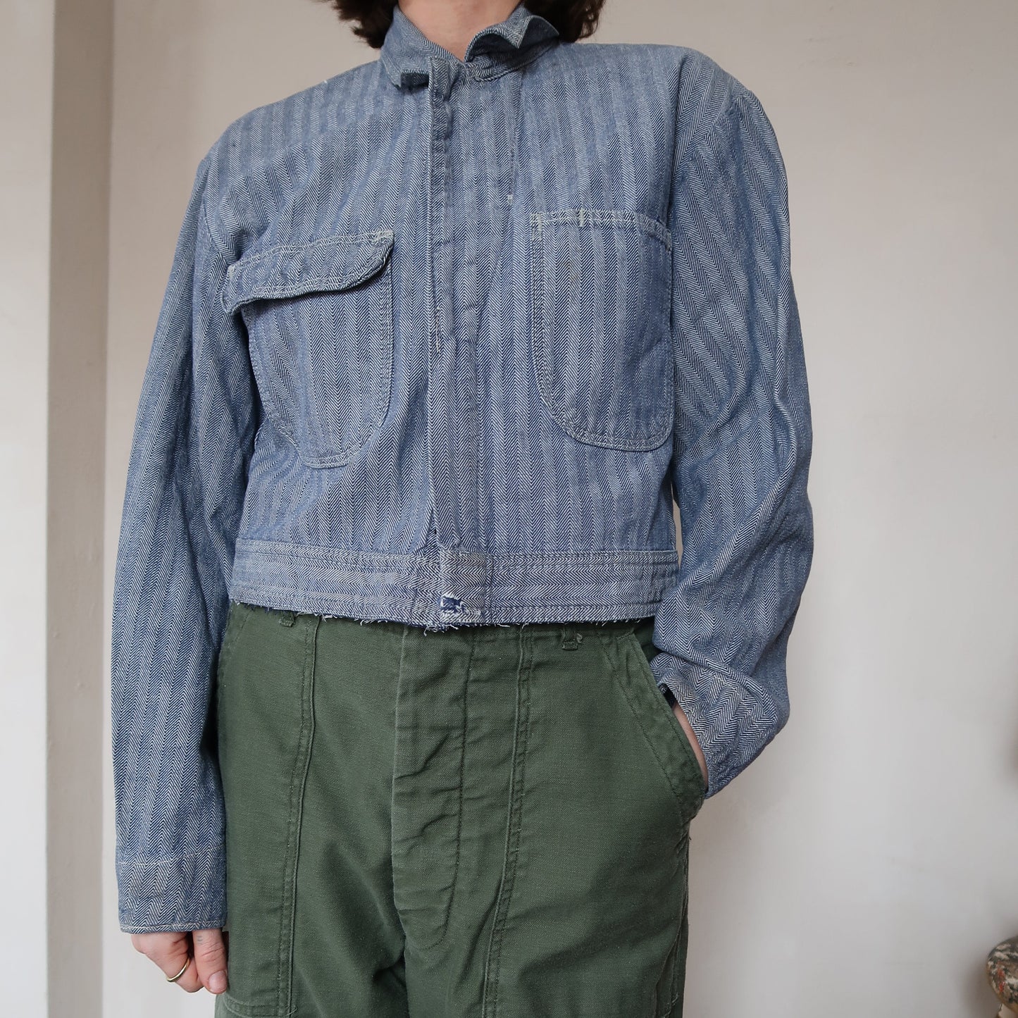 Striped Twill Cropped Chore Jacket