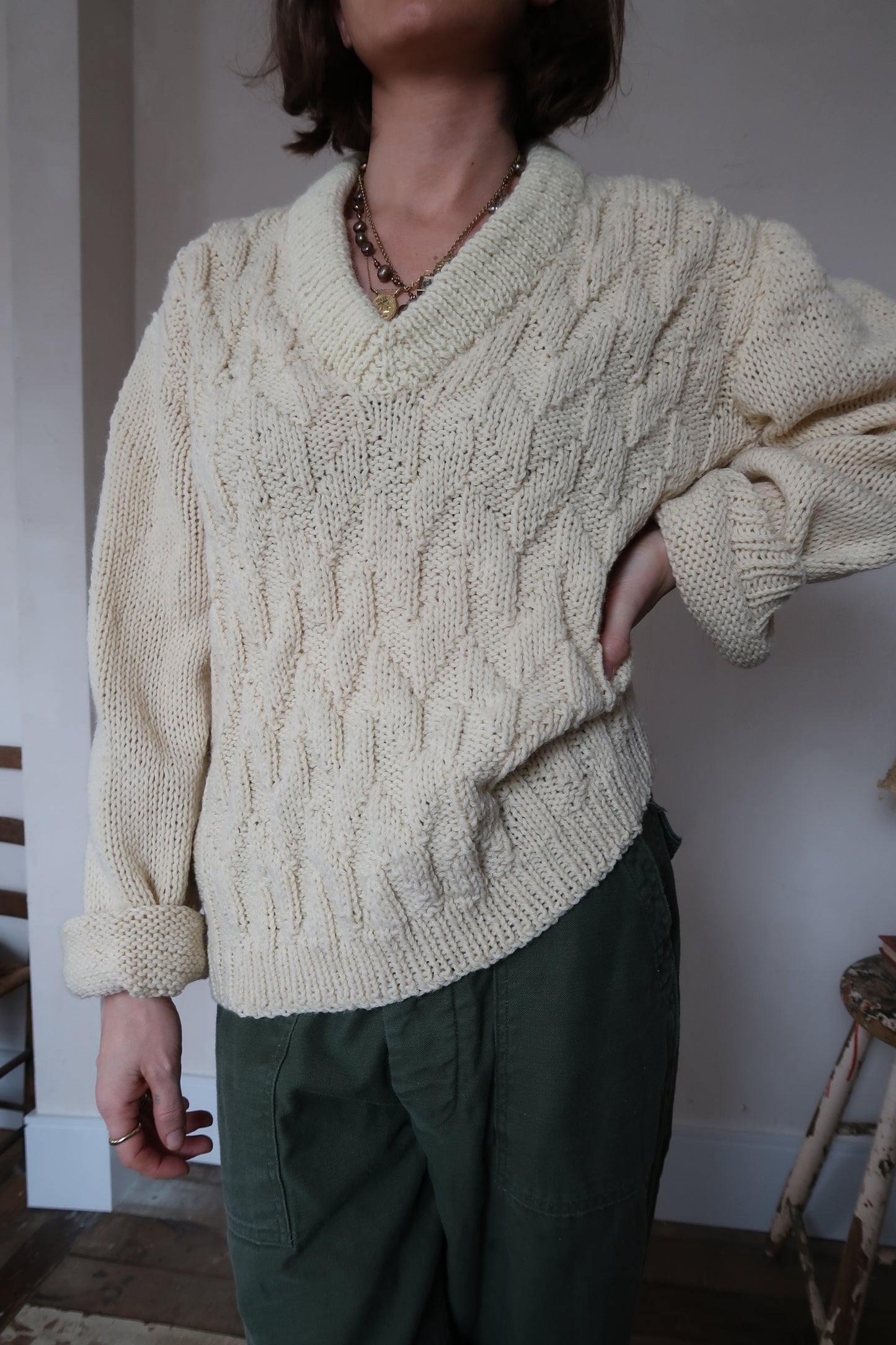 Handmade Cream Knit V-Neck