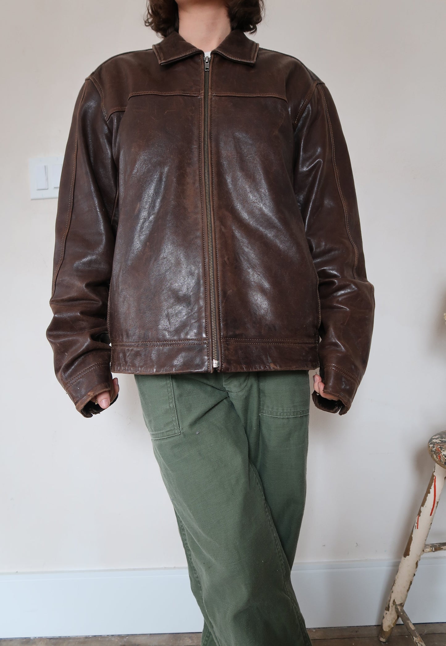 Chocolate Brown Zip-Up Leather Jacket