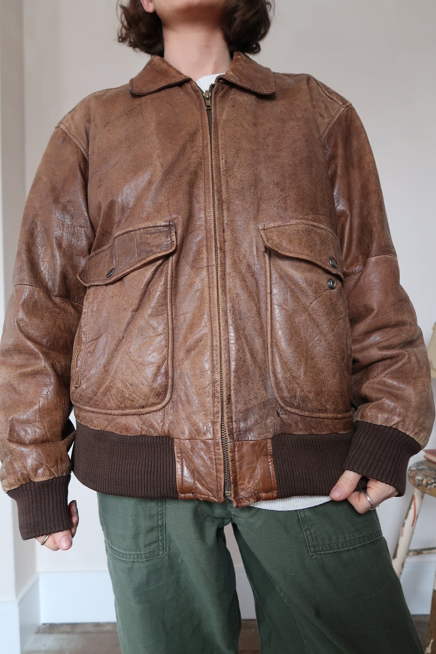 Faded Brown Leather Pilot's Jacket