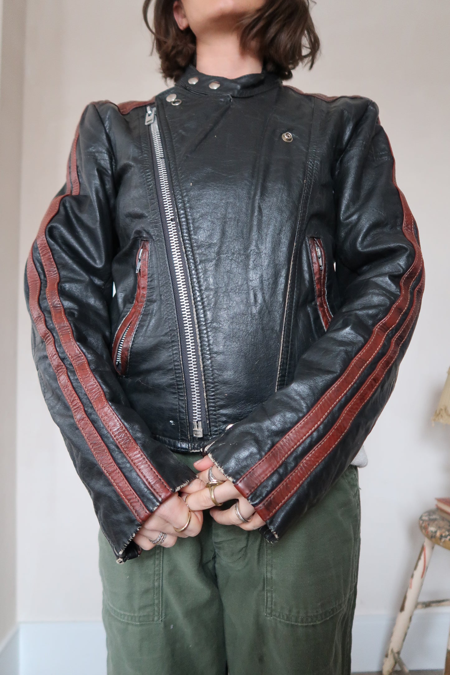 Black Leather Biker Jacket with Red Stripes