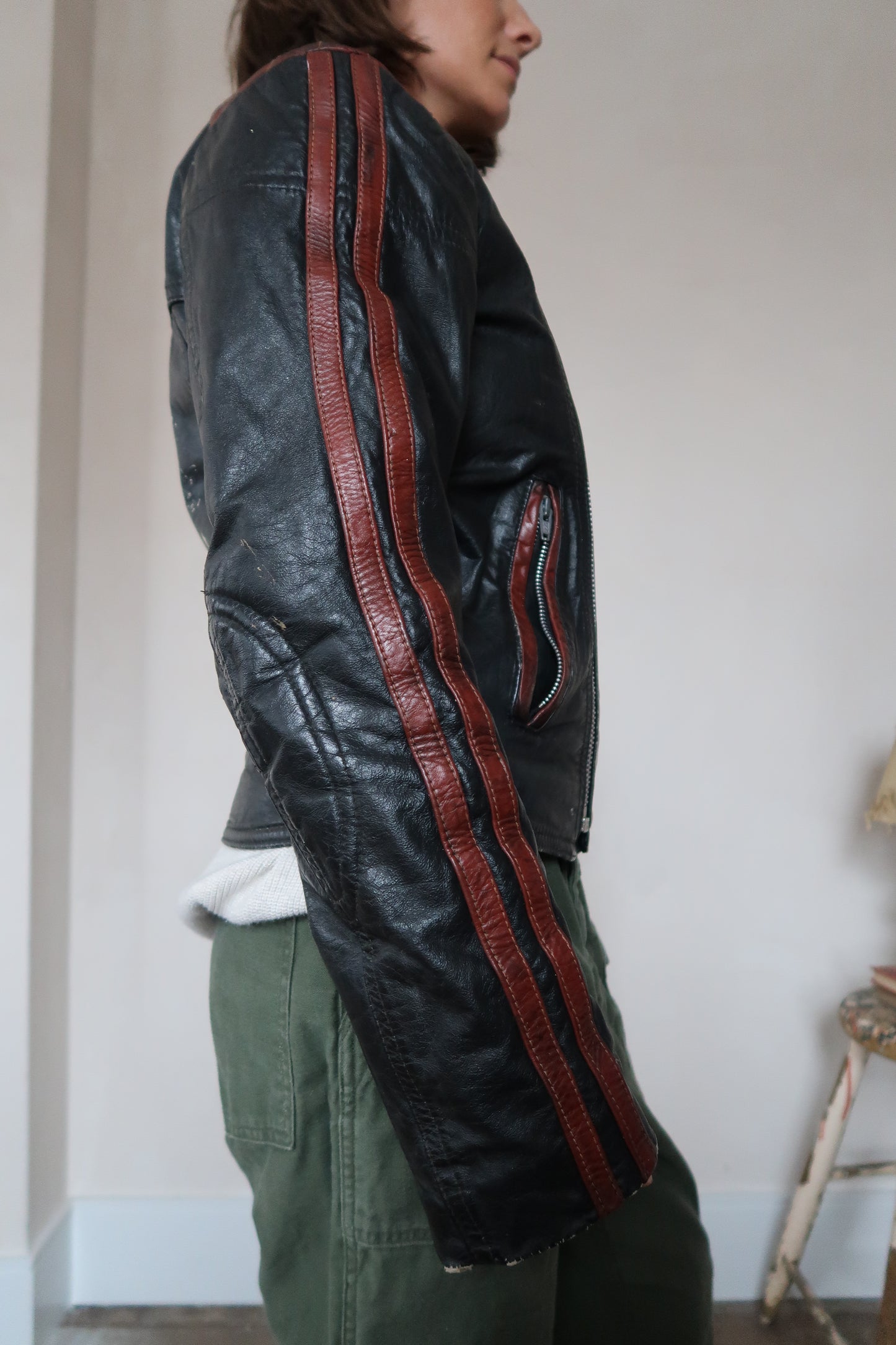 Black Leather Biker Jacket with Red Stripes