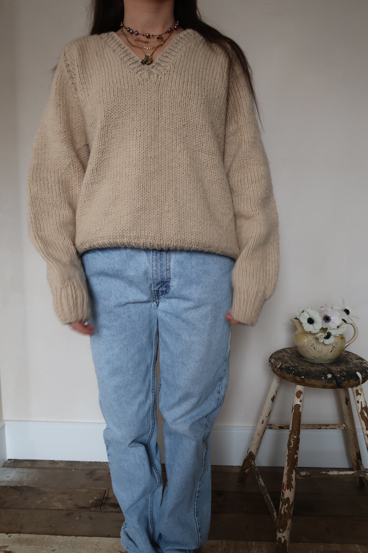 Handmade Oatmeal Chunky V-Neck Knit