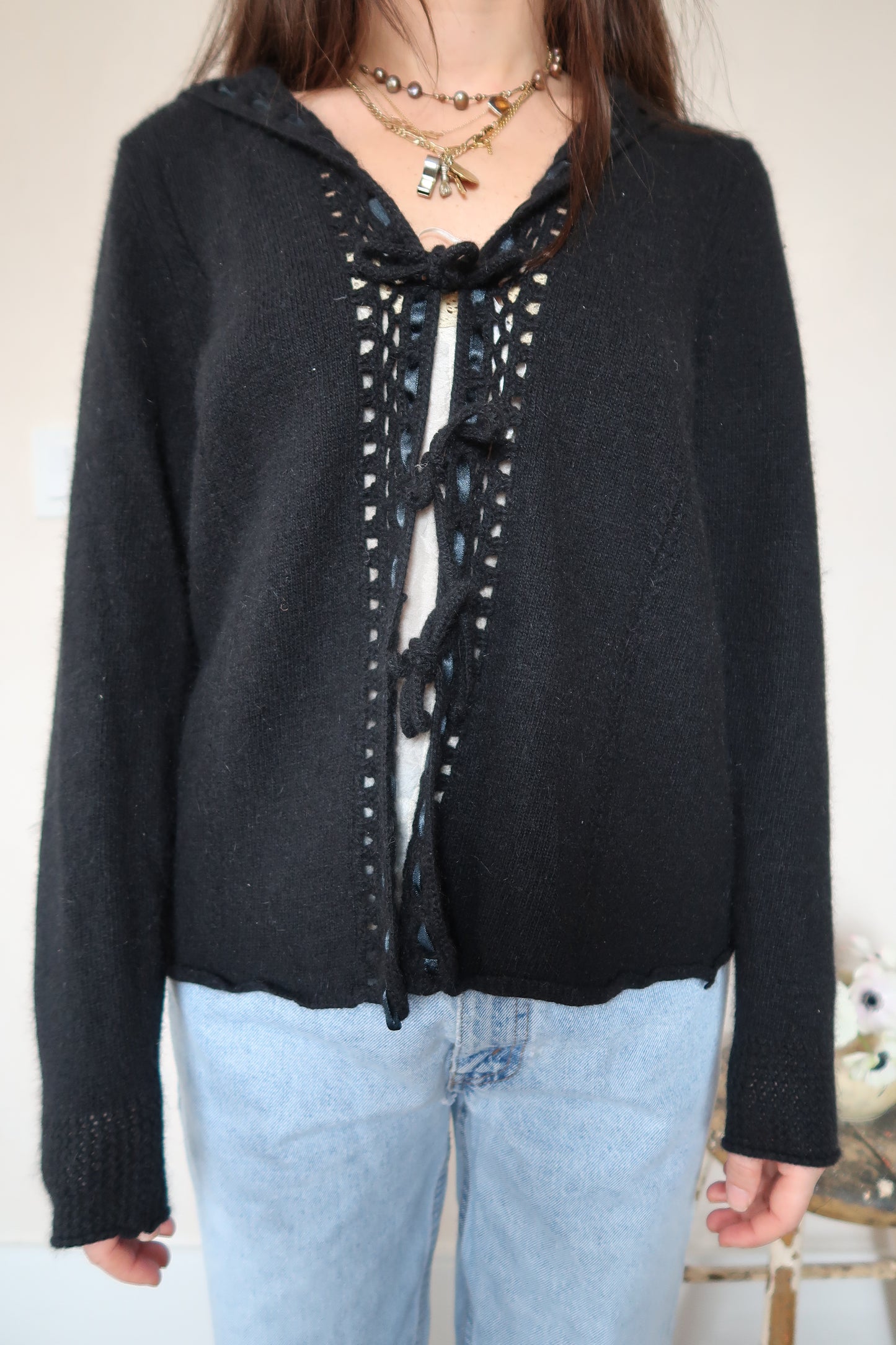 Black Tie-Up Hooded Cardigan