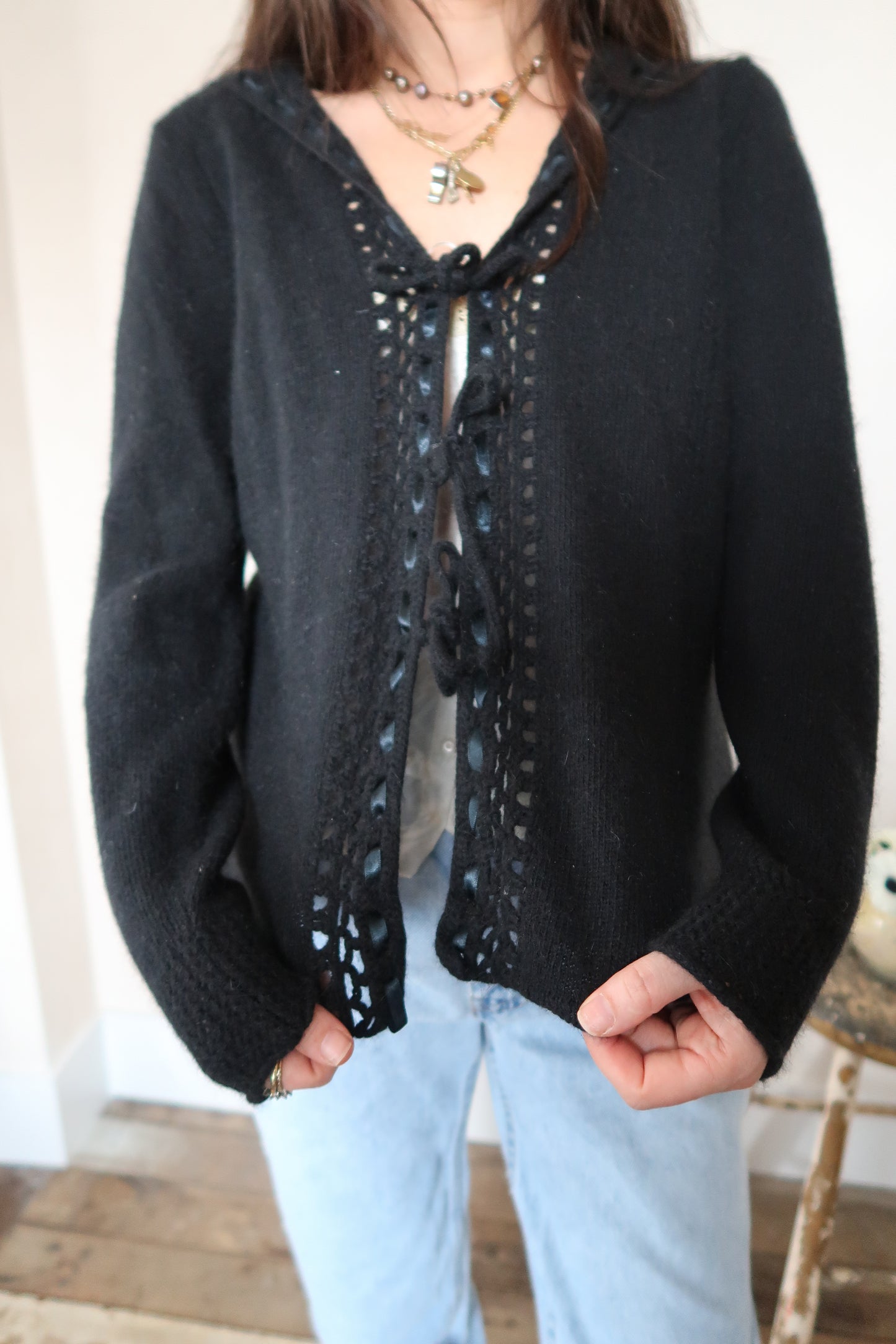 Black Tie-Up Hooded Cardigan