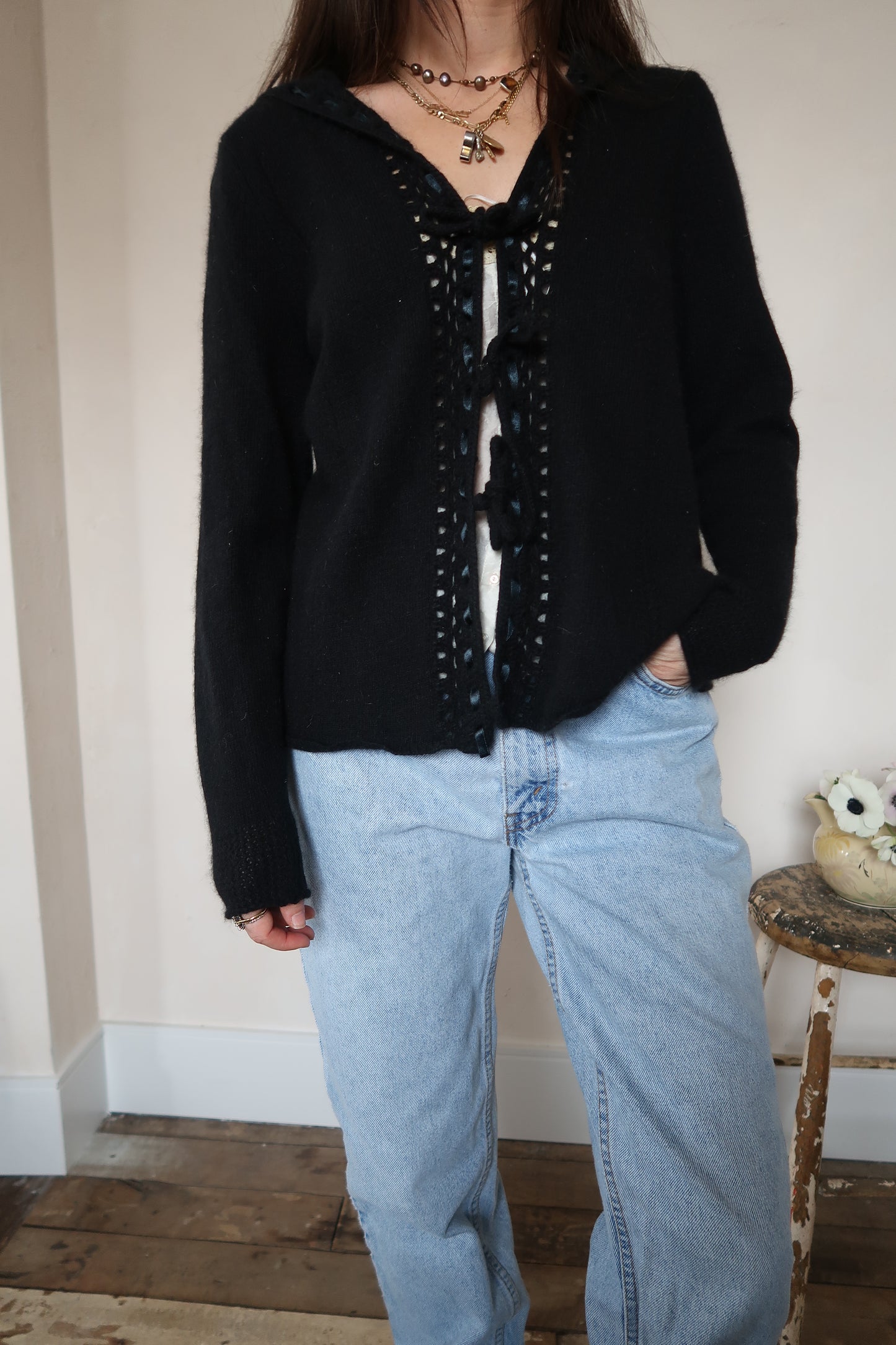 Black Tie-Up Hooded Cardigan