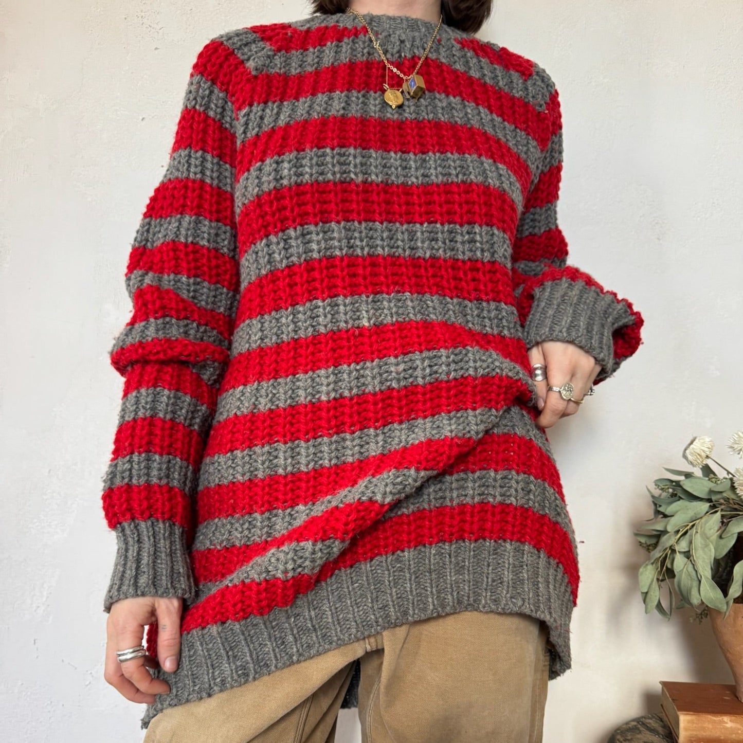 Red + Grey Striped Wool Sweater