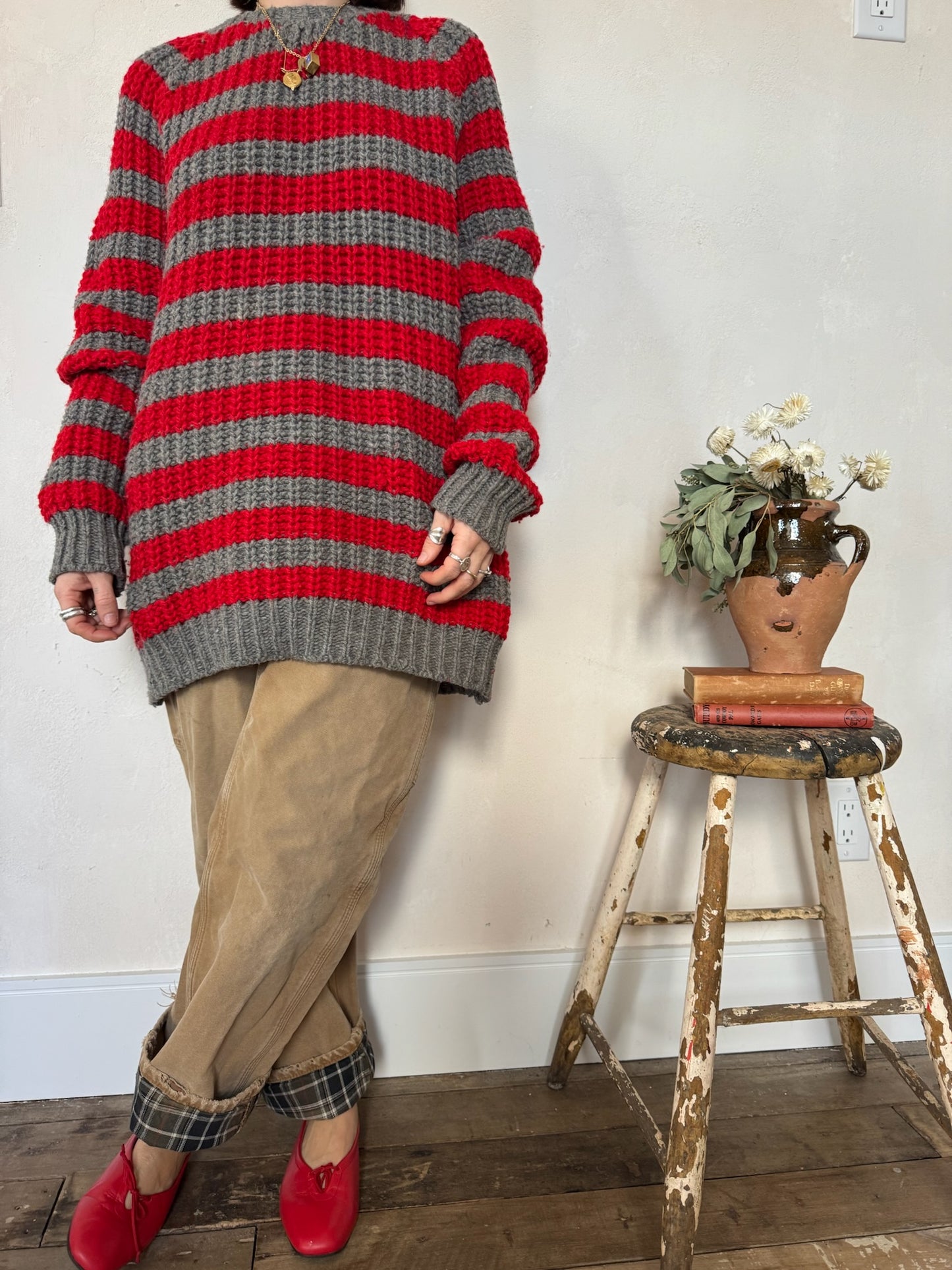 Red + Grey Striped Wool Sweater