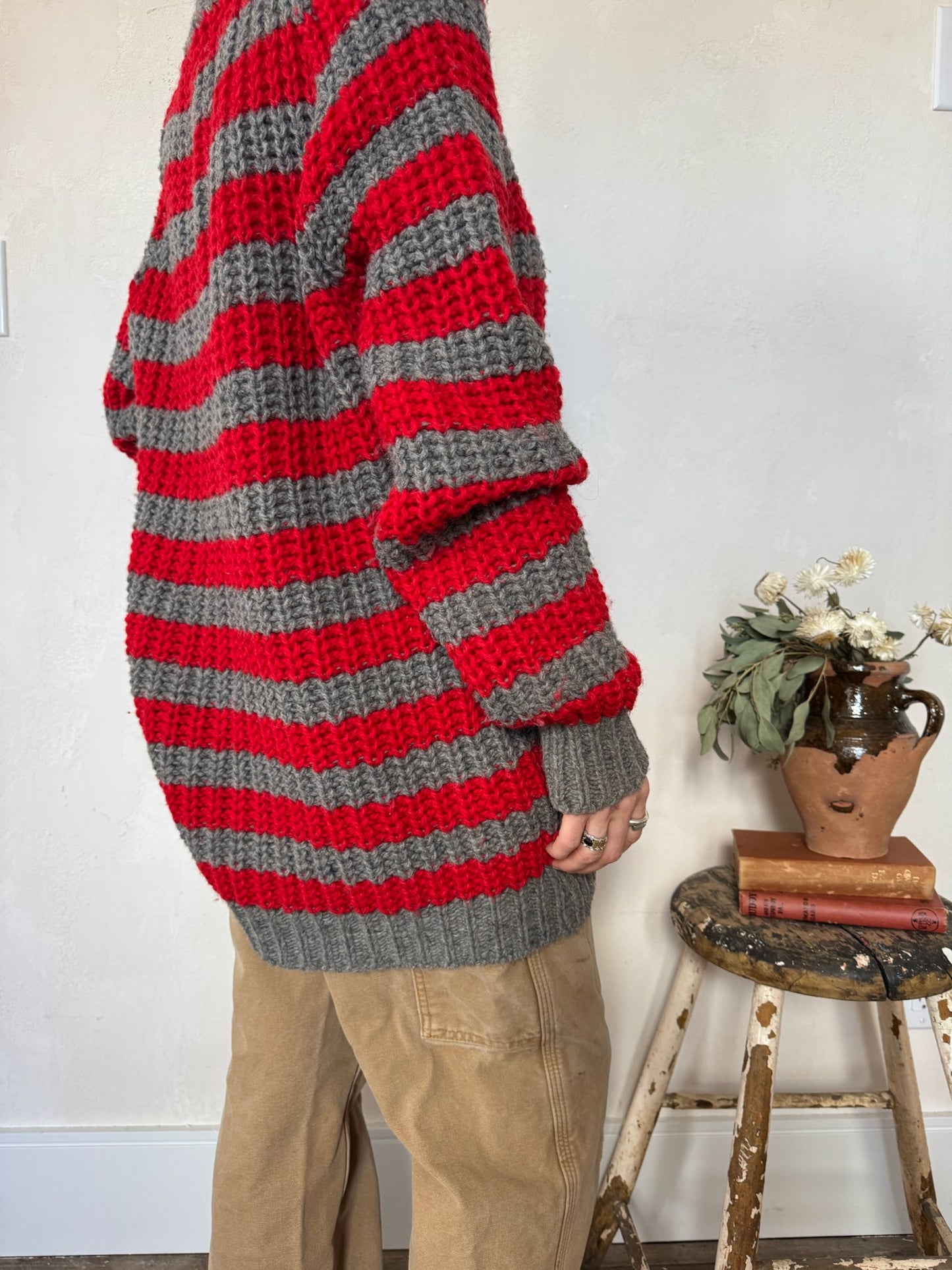 Red + Grey Striped Wool Sweater