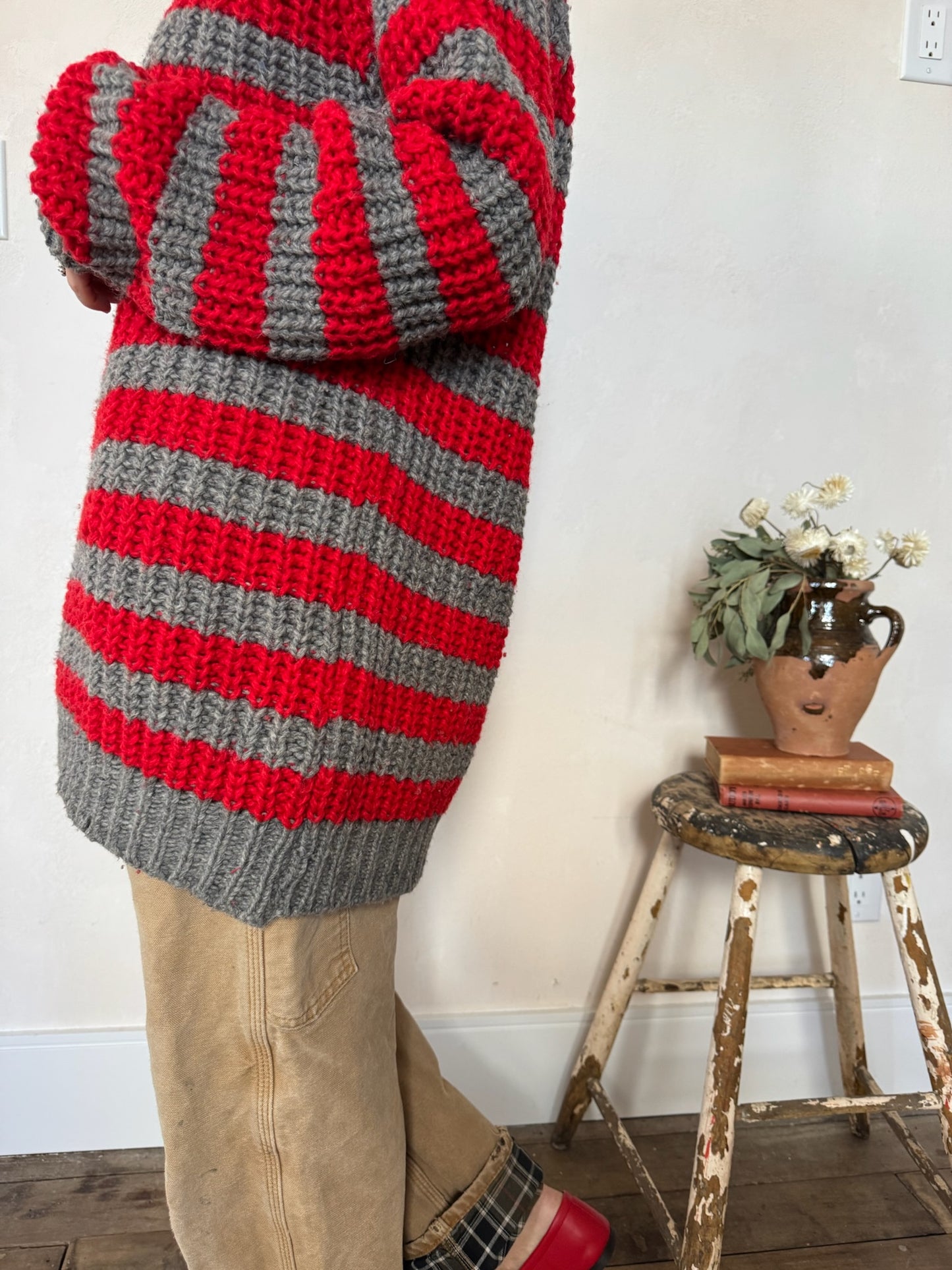 Red + Grey Striped Wool Sweater