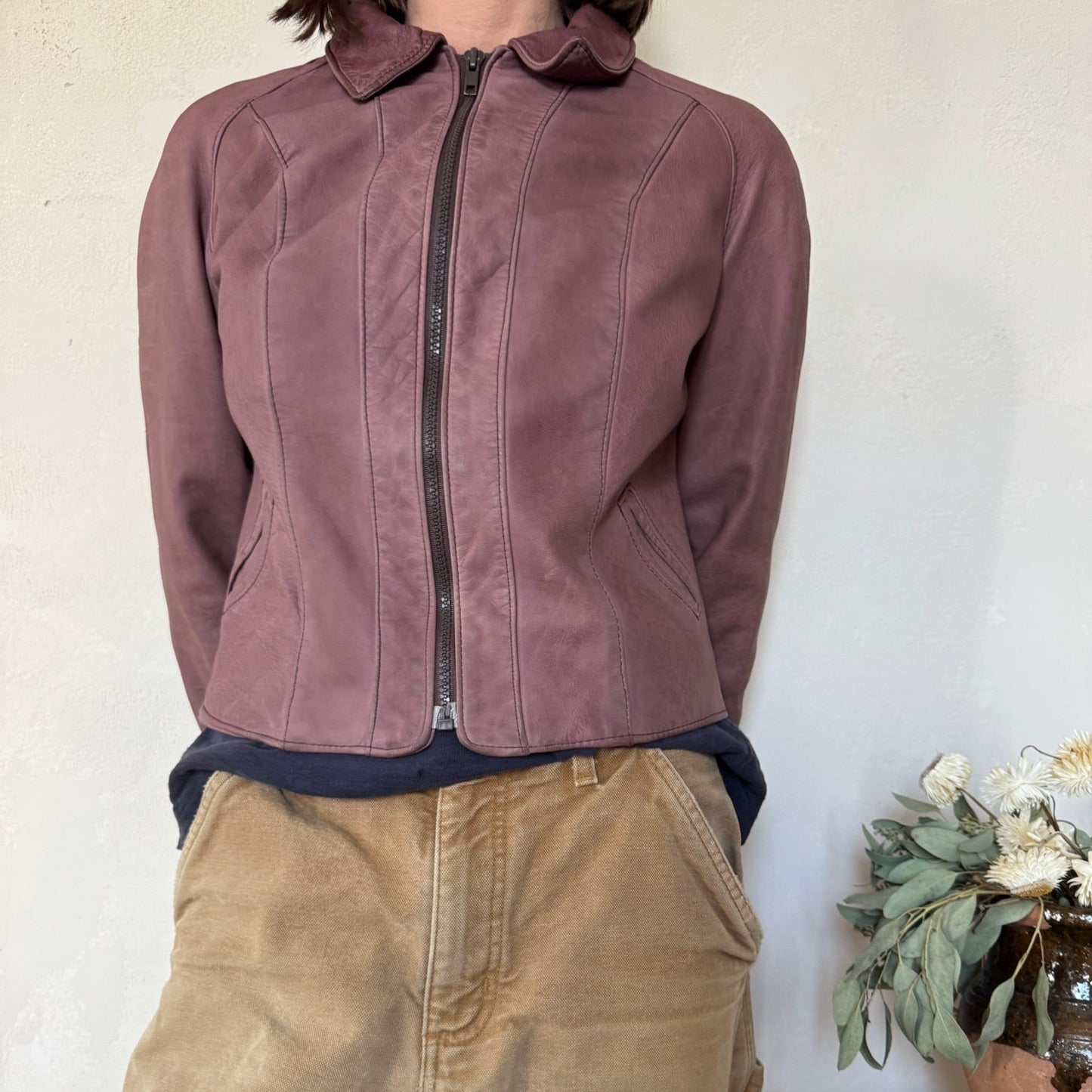 Purple Cropped Leather Jacket