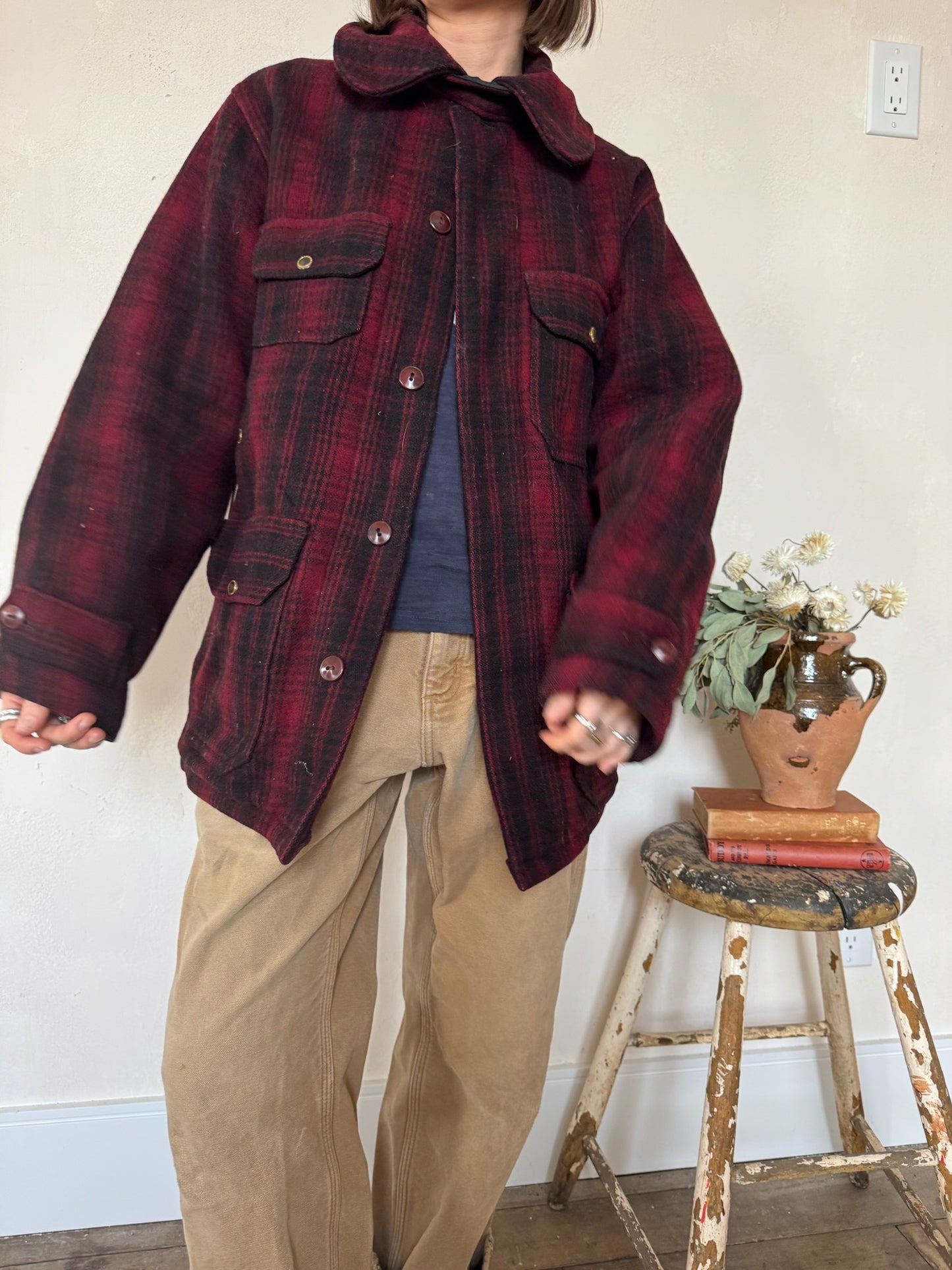 Dark Red + Black Plaid Woolrich Jacket