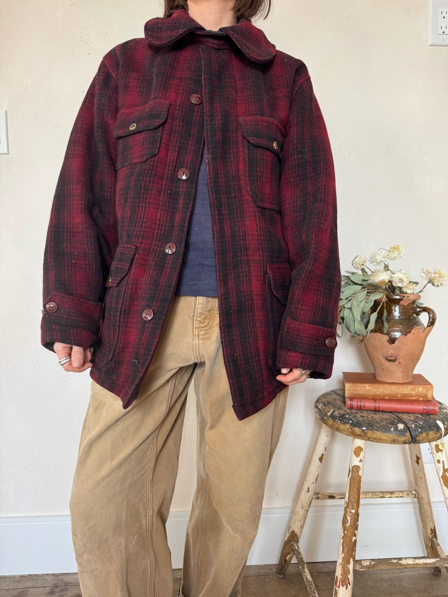 Dark Red + Black Plaid Woolrich Jacket