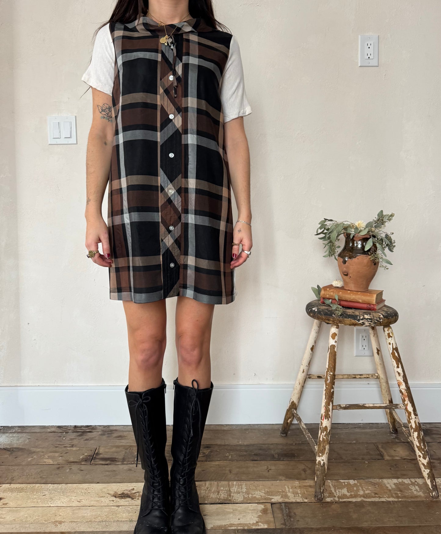 Cropped Brown + Black Plaid Dress