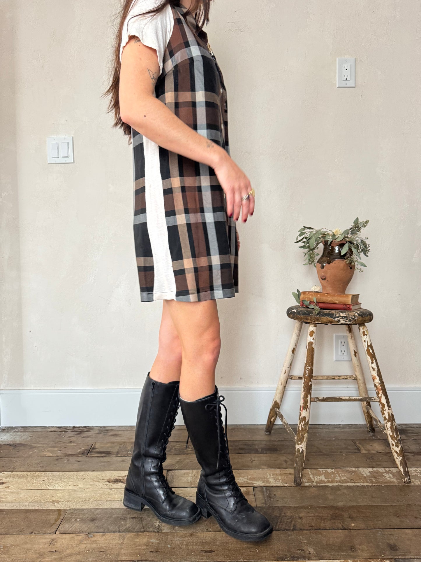 Cropped Brown + Black Plaid Dress