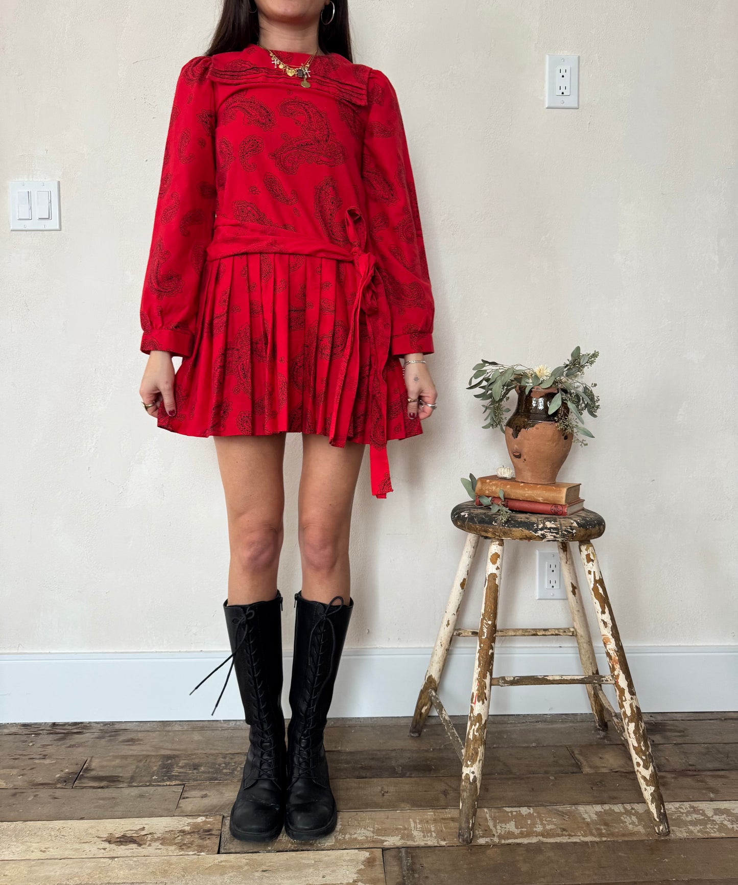 Red and Black Paisley Pleated Mini Dress