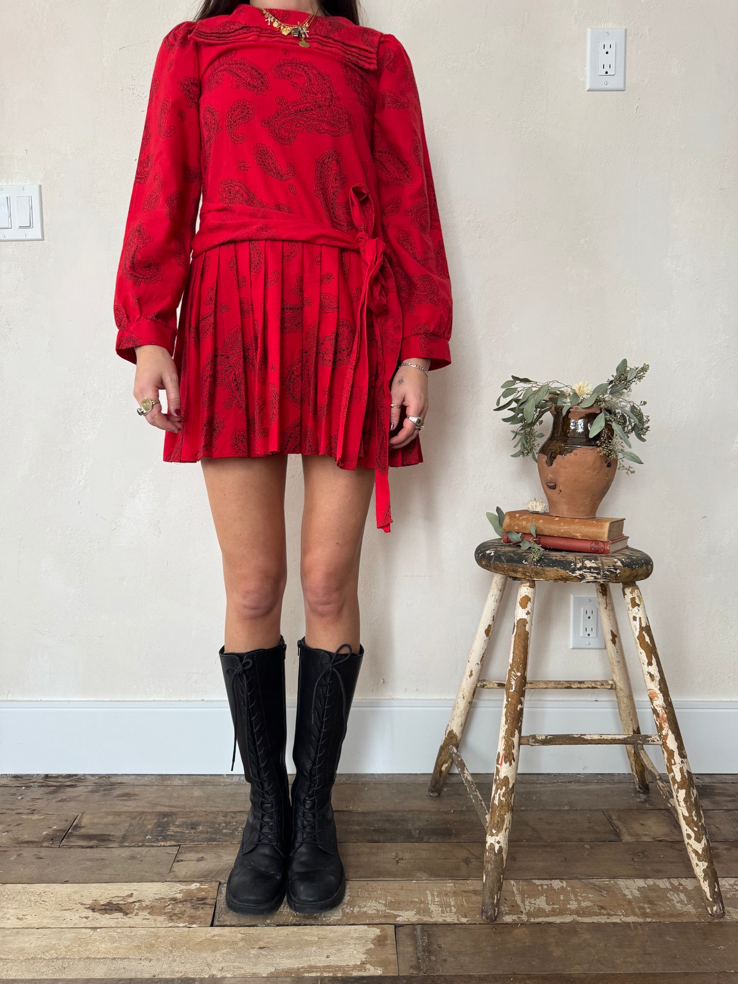 Red and Black Paisley Pleated Mini Dress