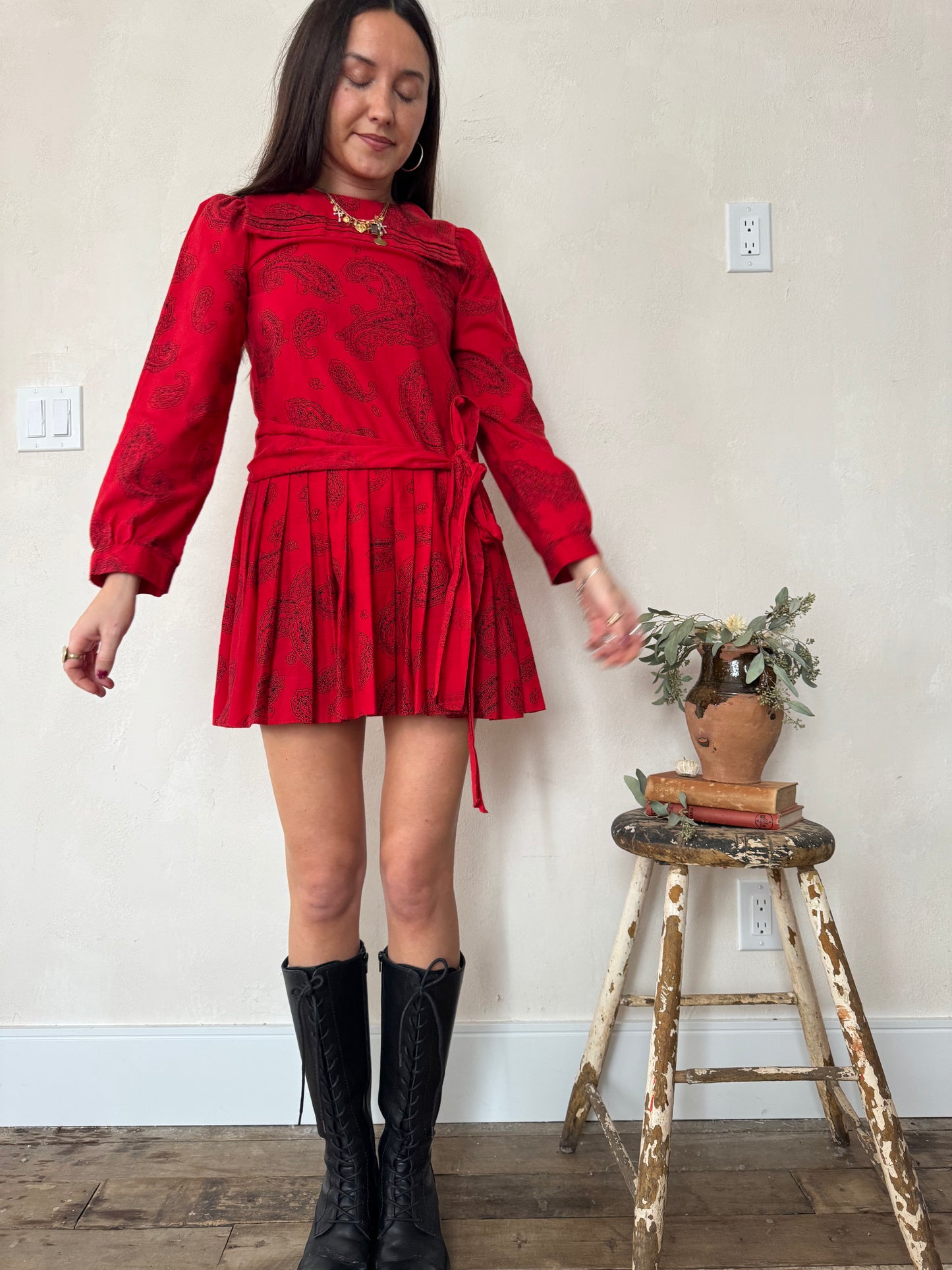 Red and Black Paisley Pleated Mini Dress