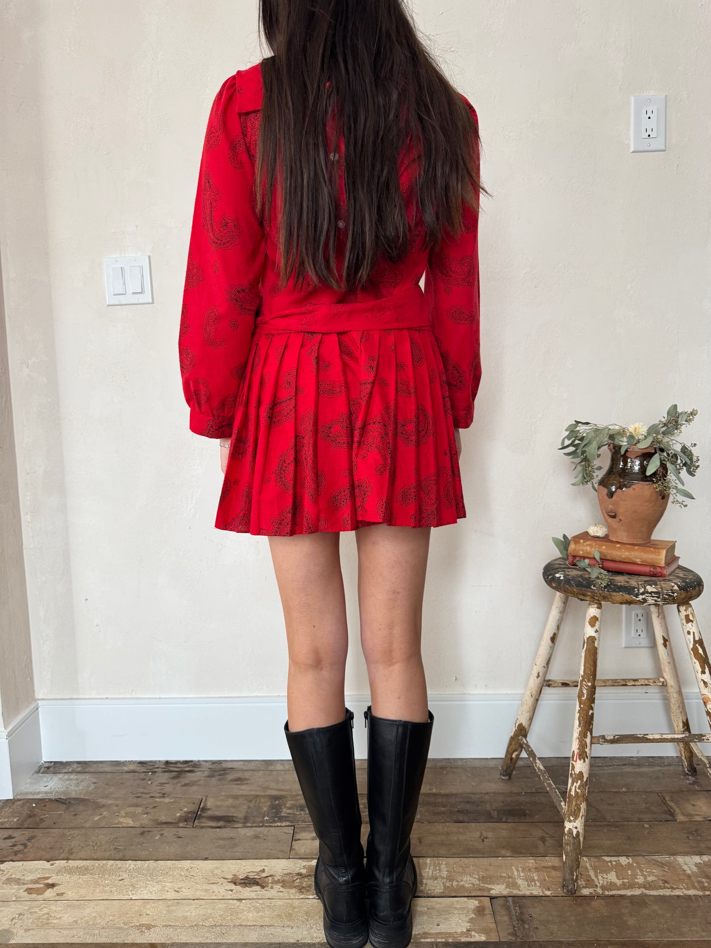 Red and Black Paisley Pleated Mini Dress