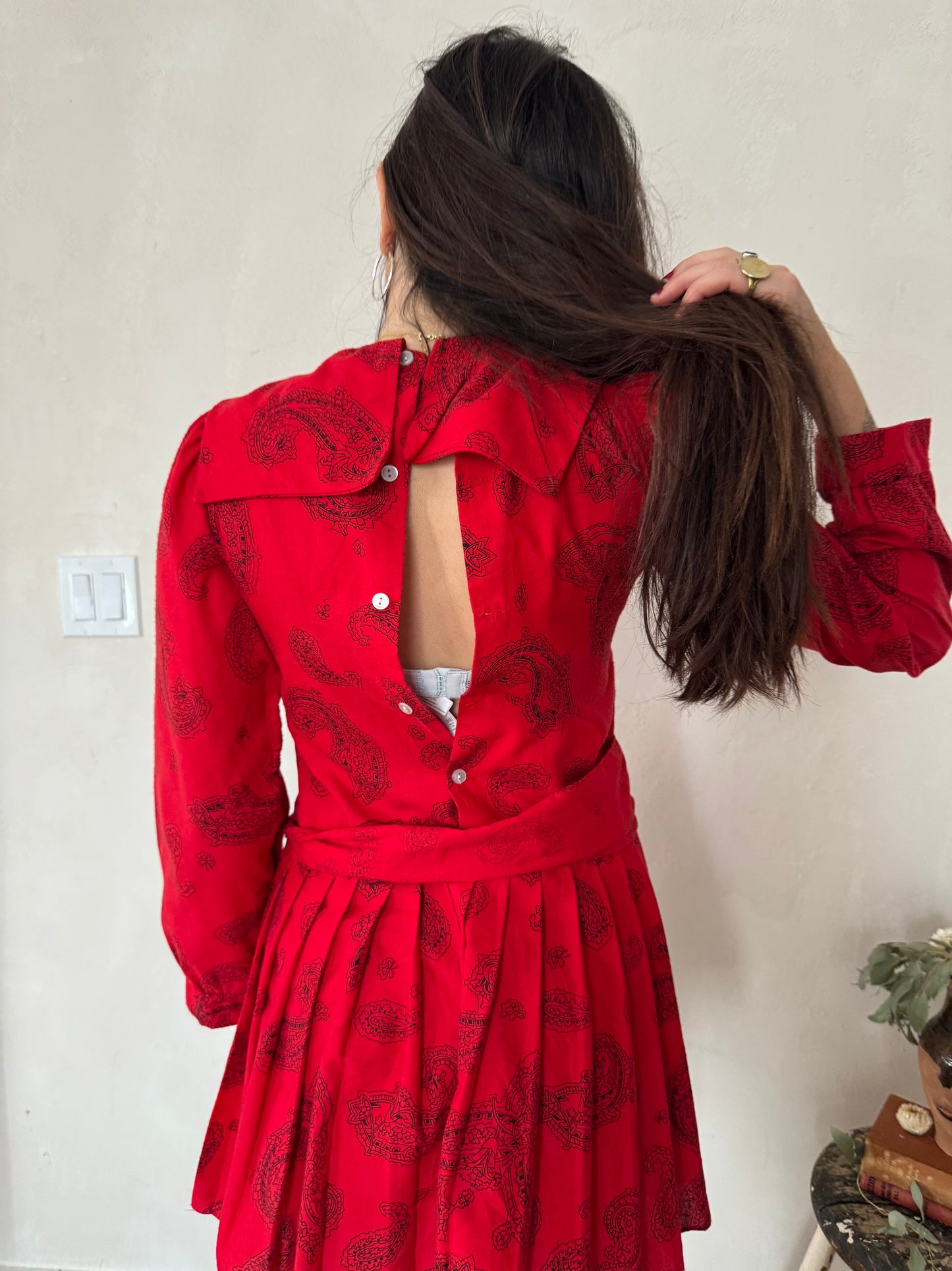 Red and Black Paisley Pleated Mini Dress