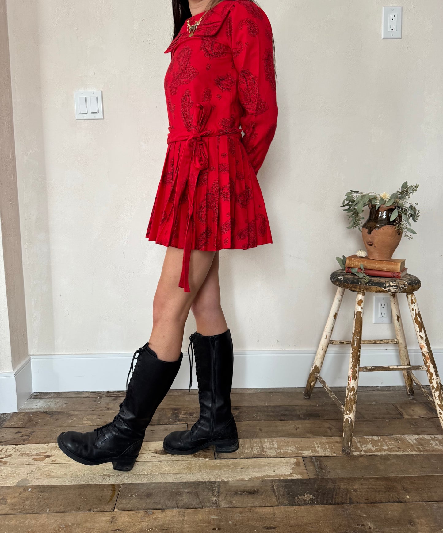 Red and Black Paisley Pleated Mini Dress