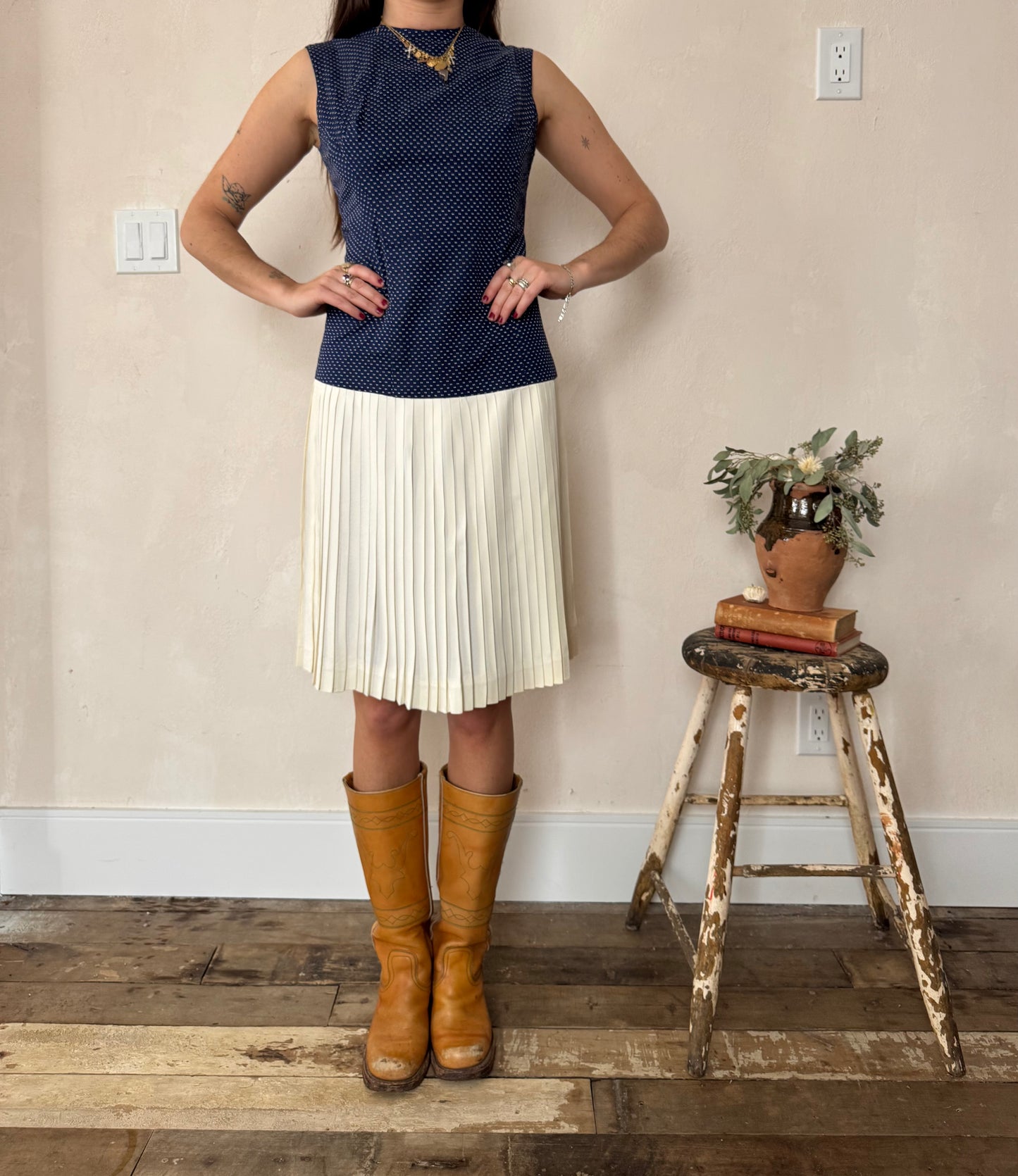 Navy and Cream Pleated Dress