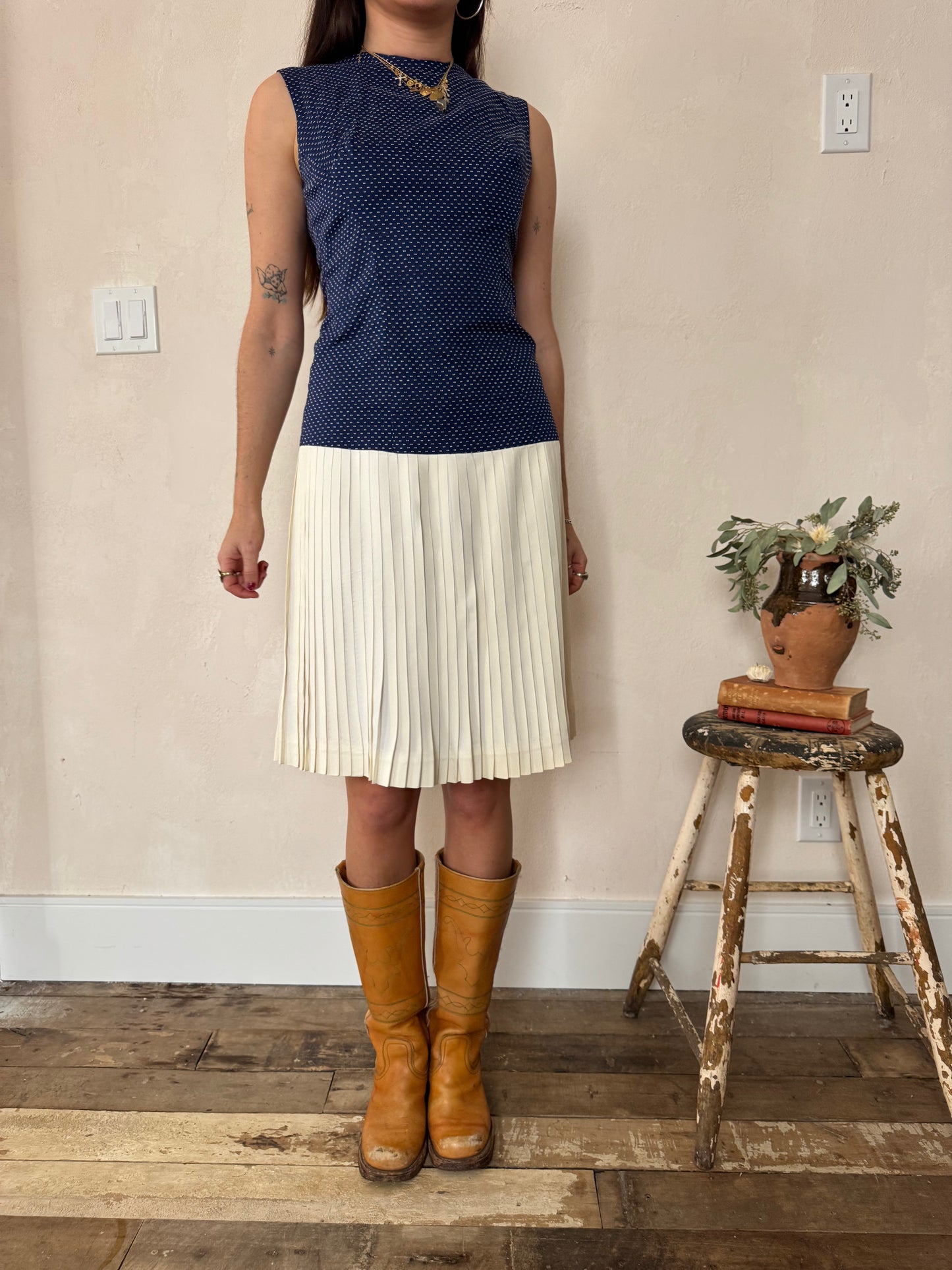 Navy and Cream Pleated Dress