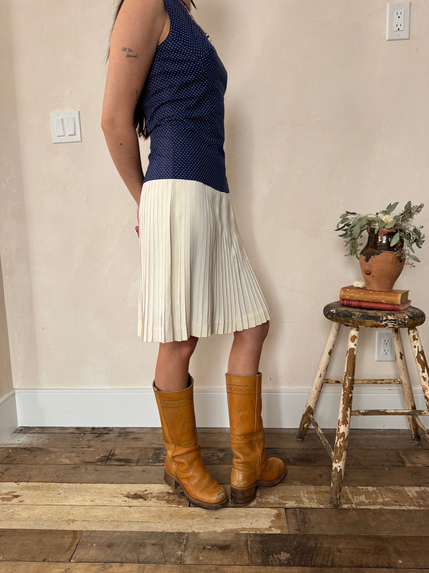 Navy and Cream Pleated Dress