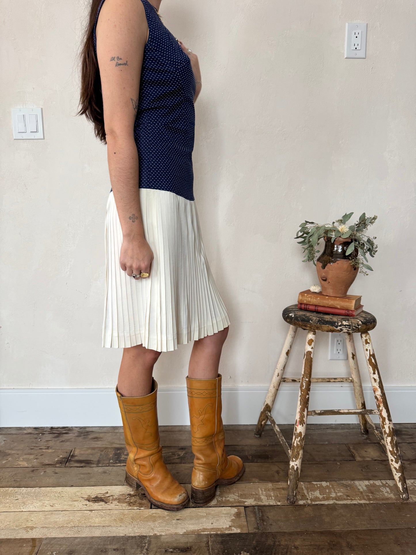 Navy and Cream Pleated Dress