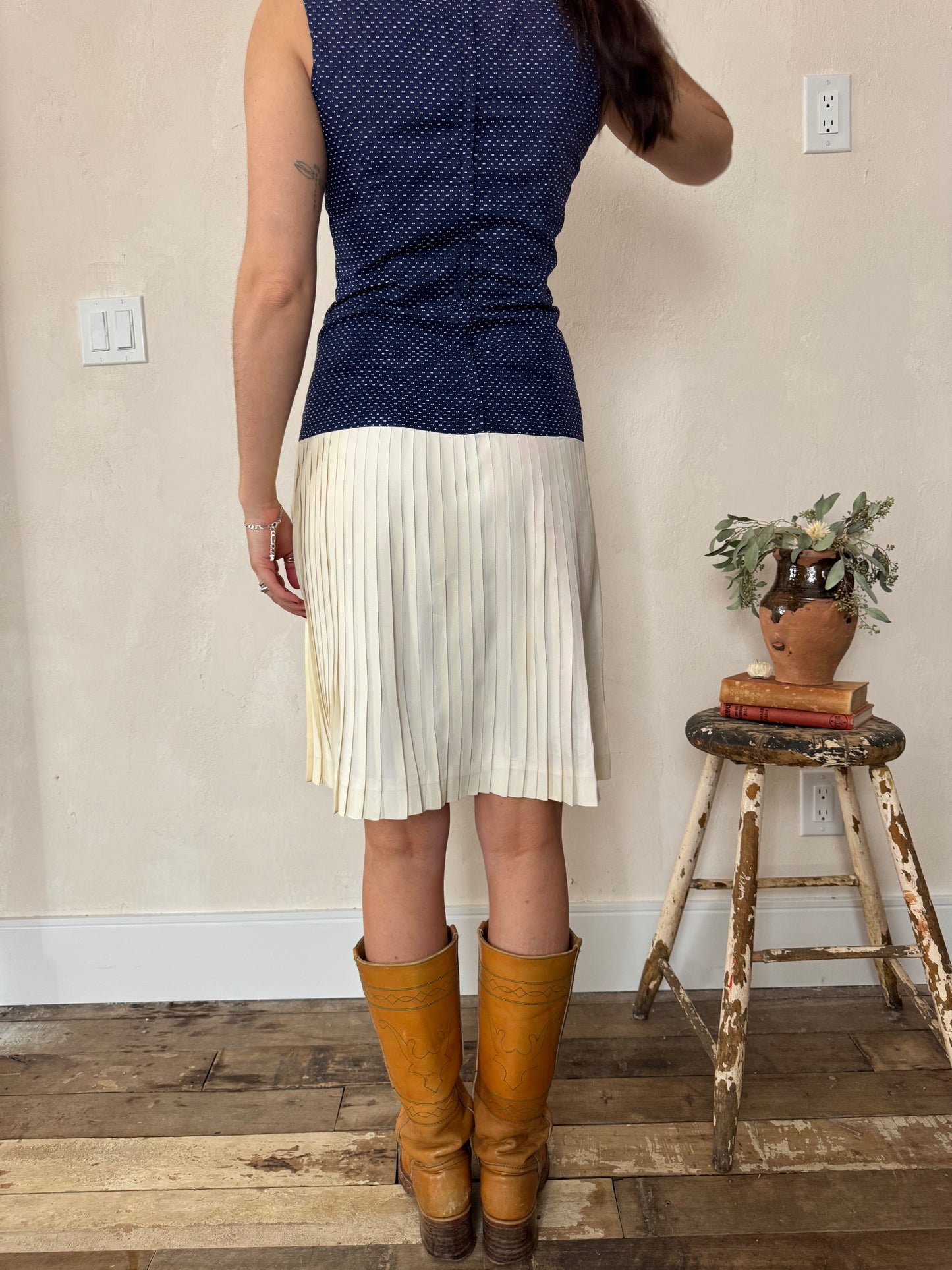 Navy and Cream Pleated Dress