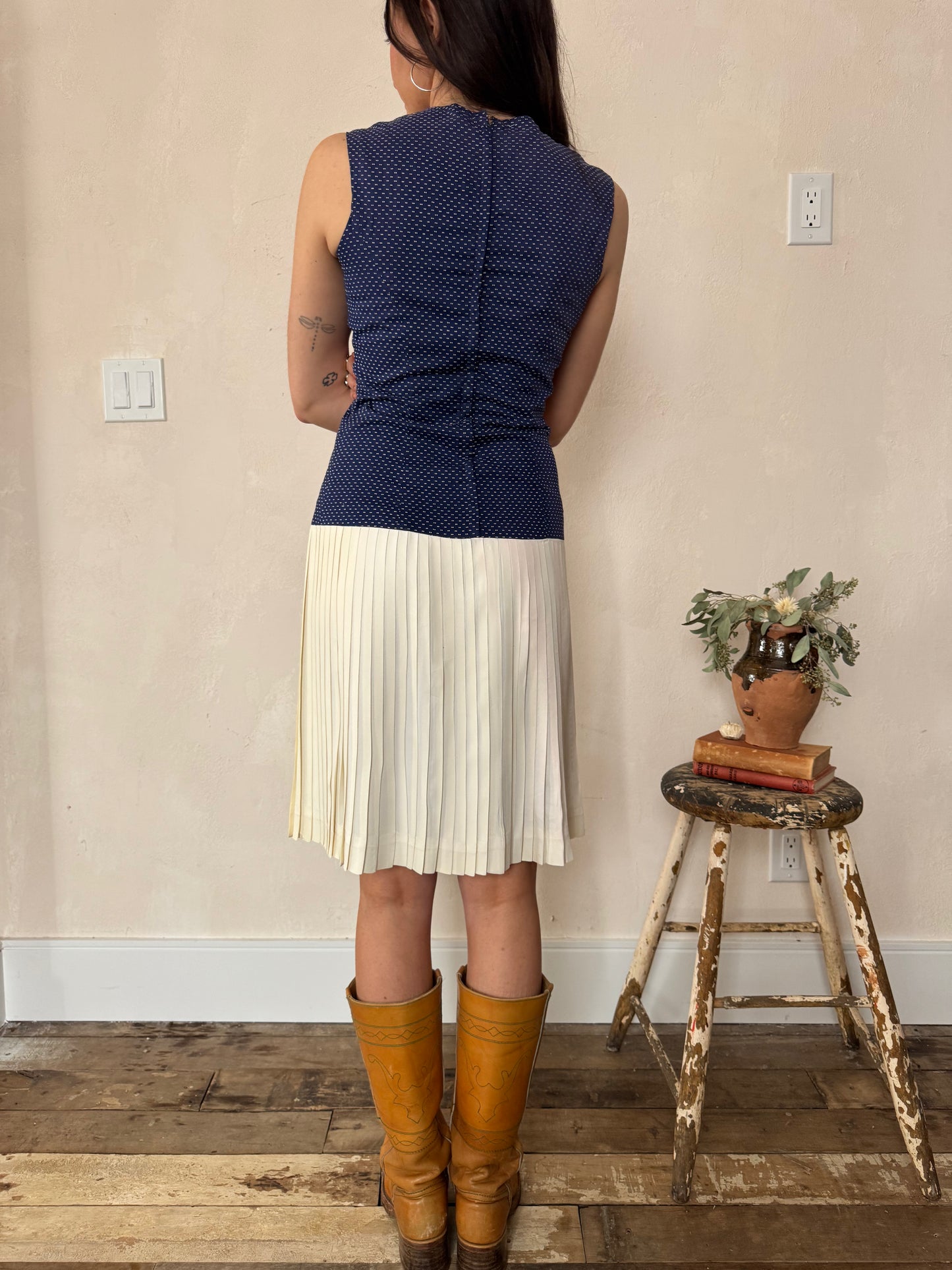 Navy and Cream Pleated Dress